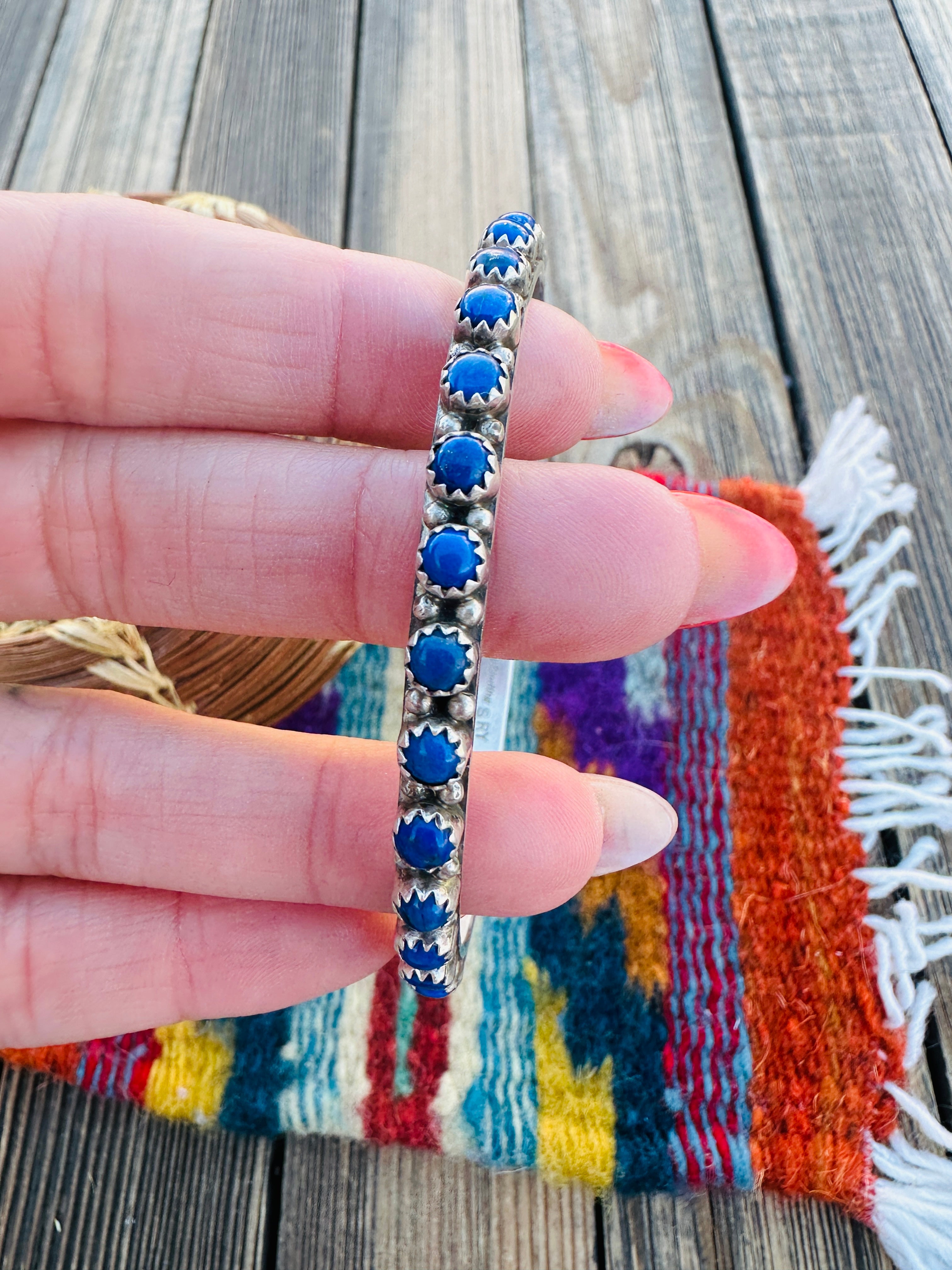 Handcrafted Old Pawn Lapis & Sterling Silver Bangle Bracelet