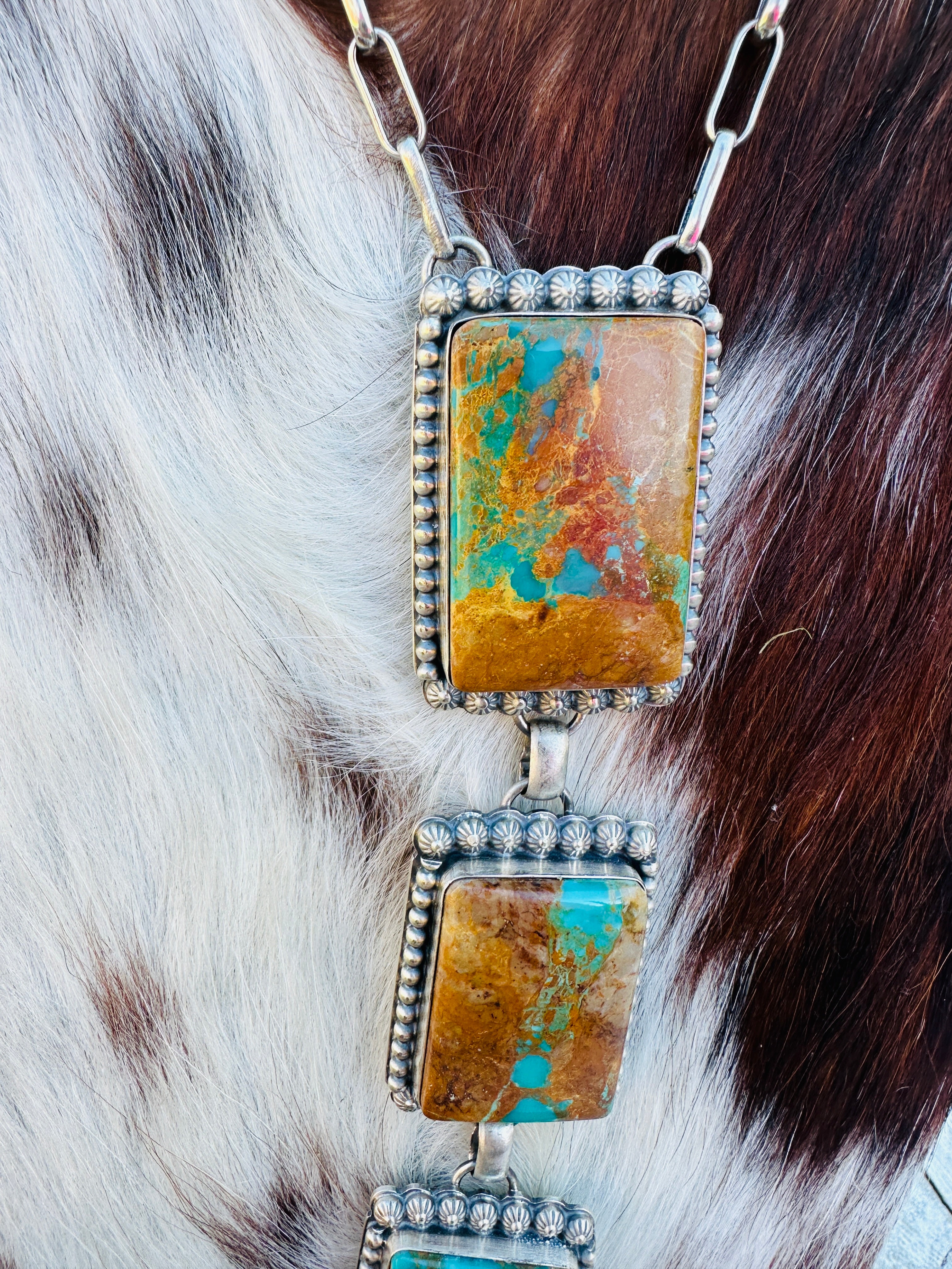 Handcrafted Ribbon Turquoise & Sterling Silver Lariat Necklace