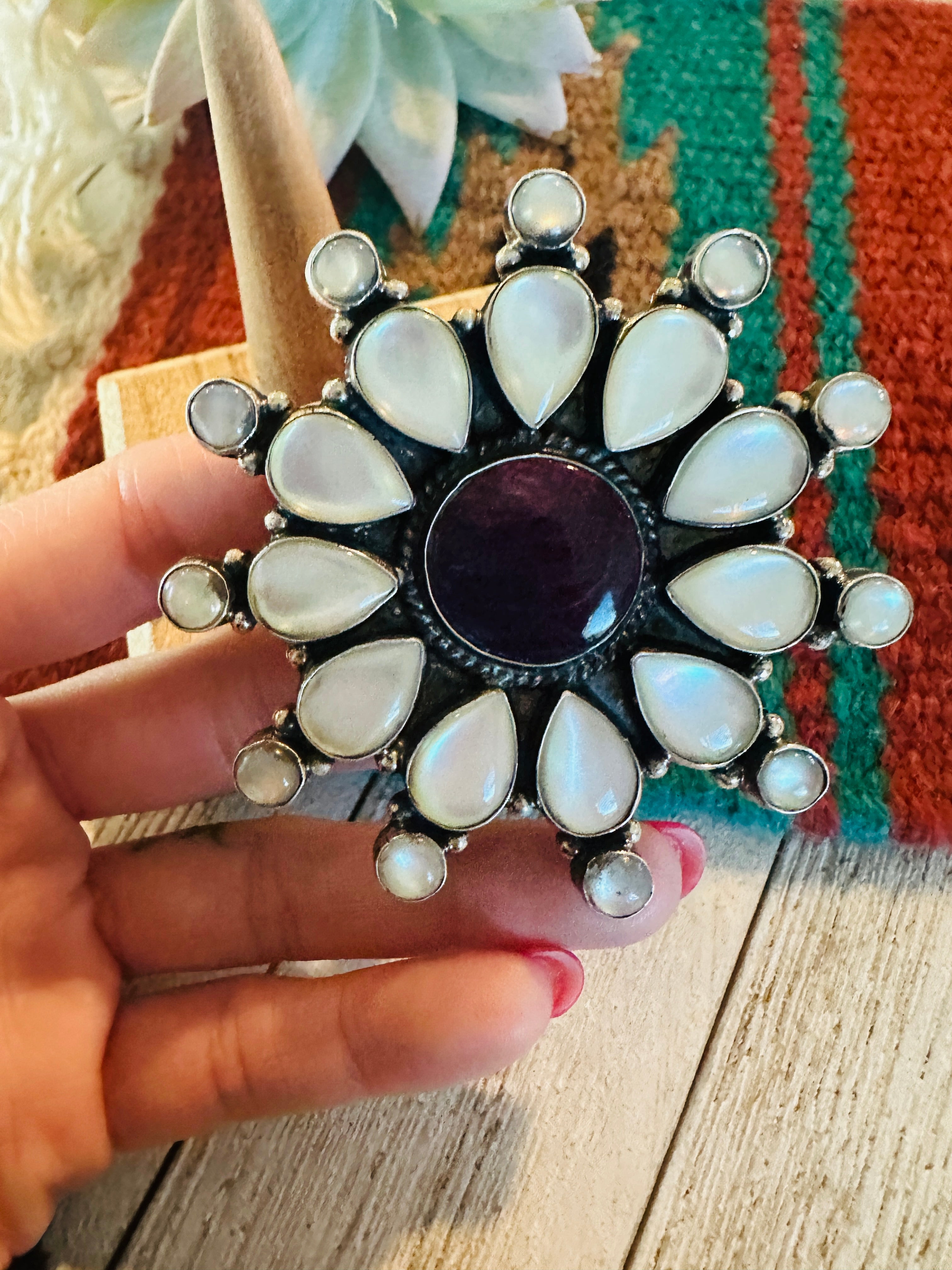 Navajo Sterling Silver, Mother of Pearl & Spiny Cluster Adjustable Ring