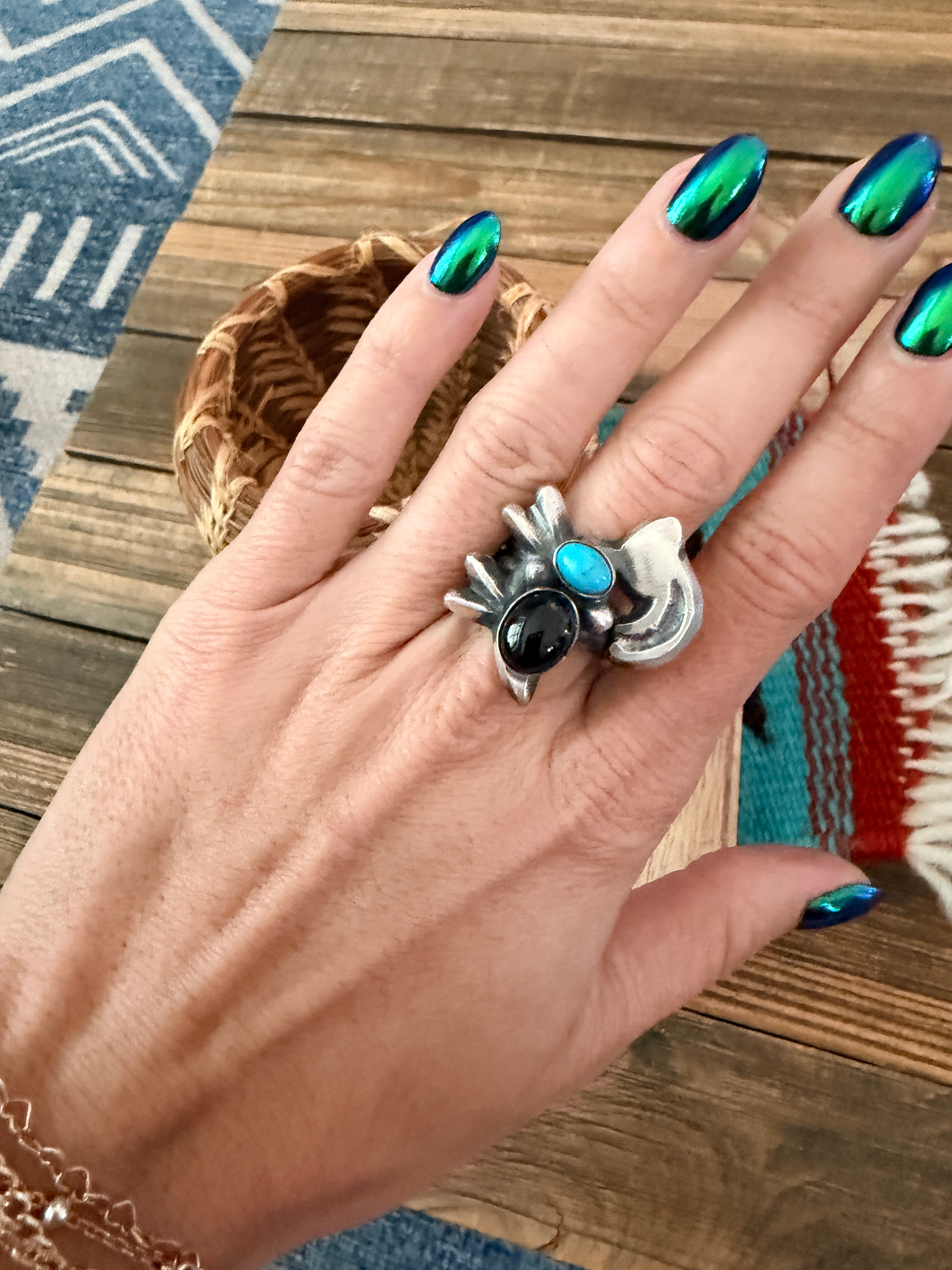 Handcrafted Onyx, Turquoise and Sterling Silver Goat Ring size 7 by Chimney Butte