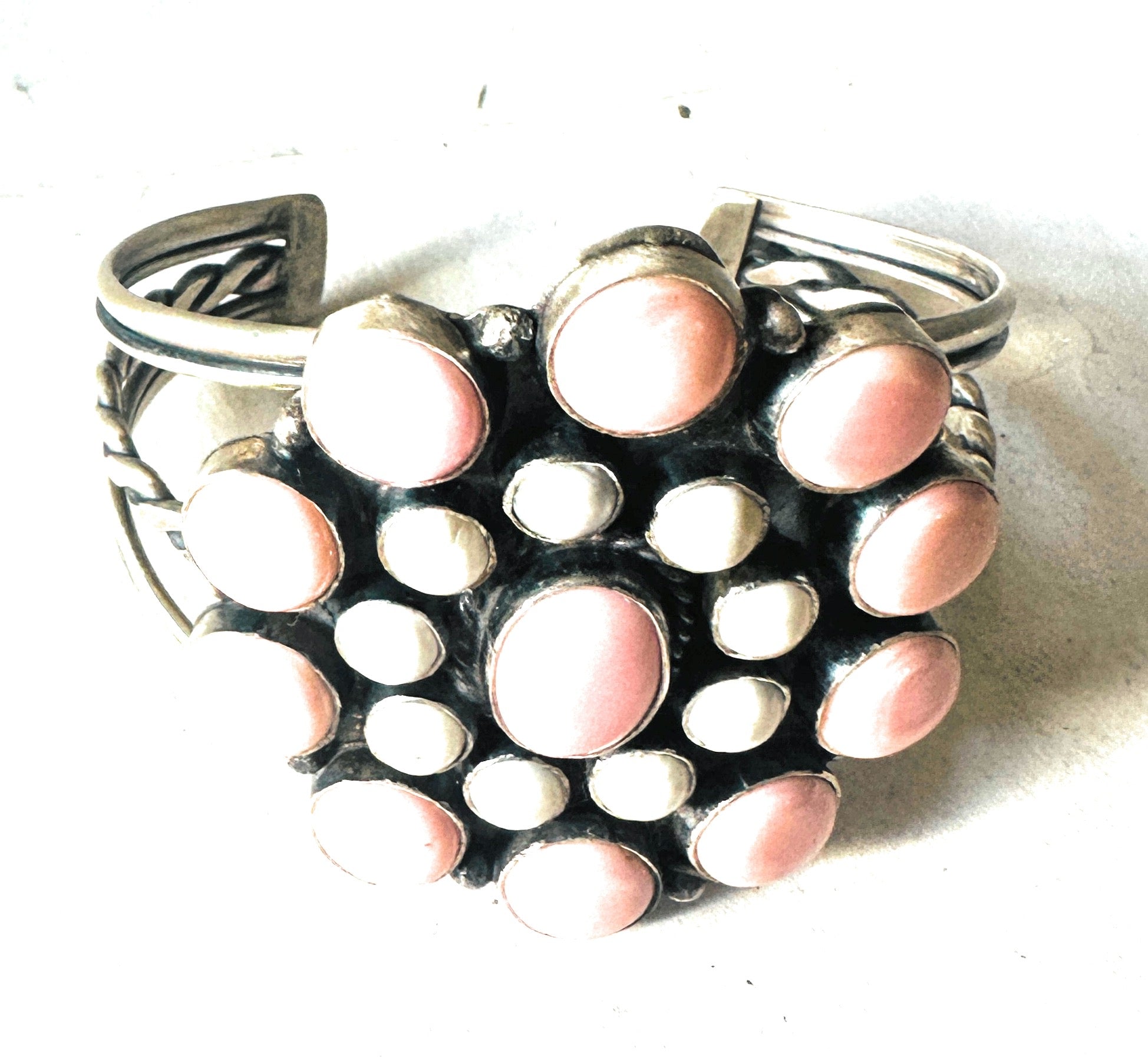 Navajo Queen Pink Conch, White Buffalo & Sterling Silver Cluster Cuff Bracelet