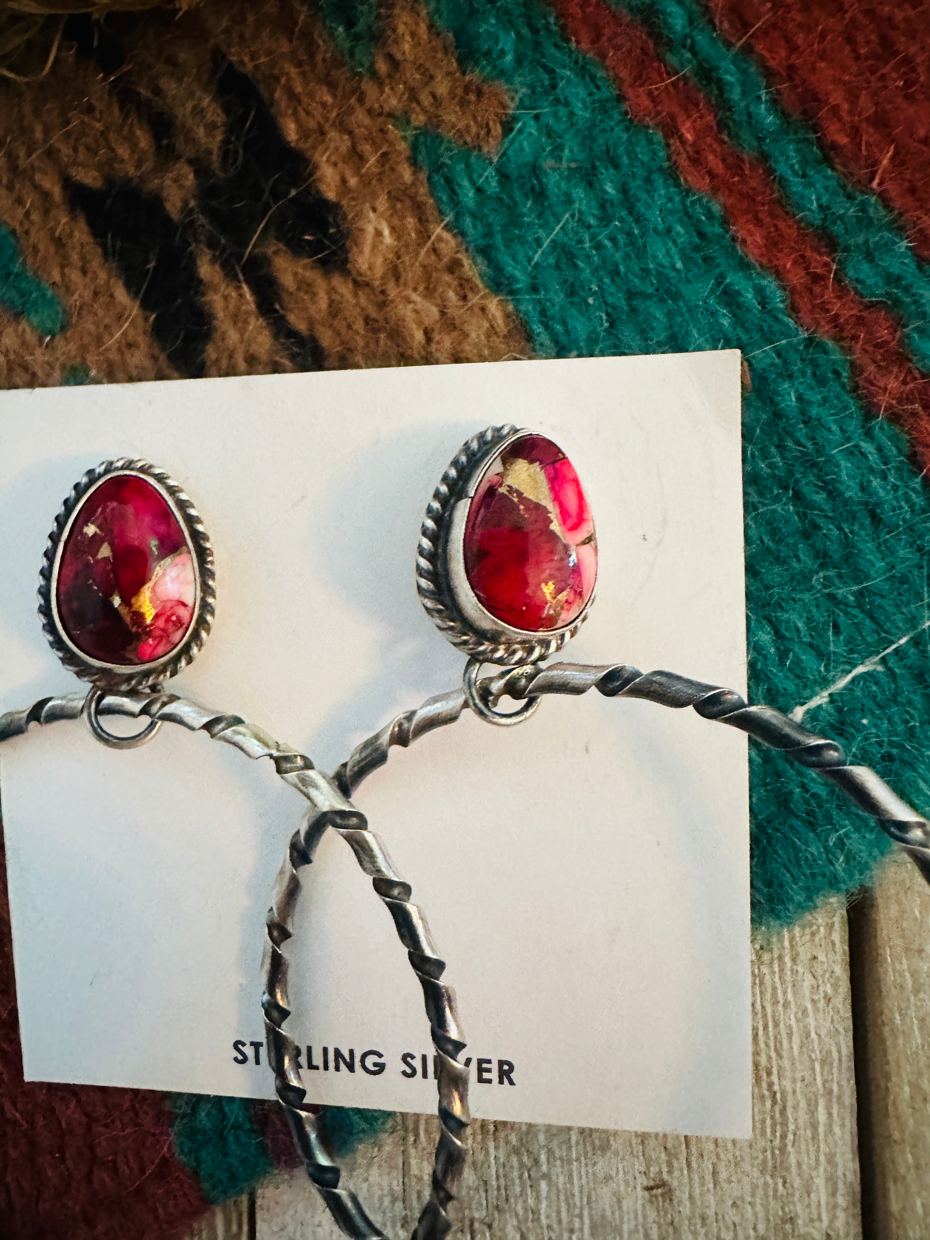 Navajo Rose Dahlia and Sterling Silver Dangle Hoop Earrings