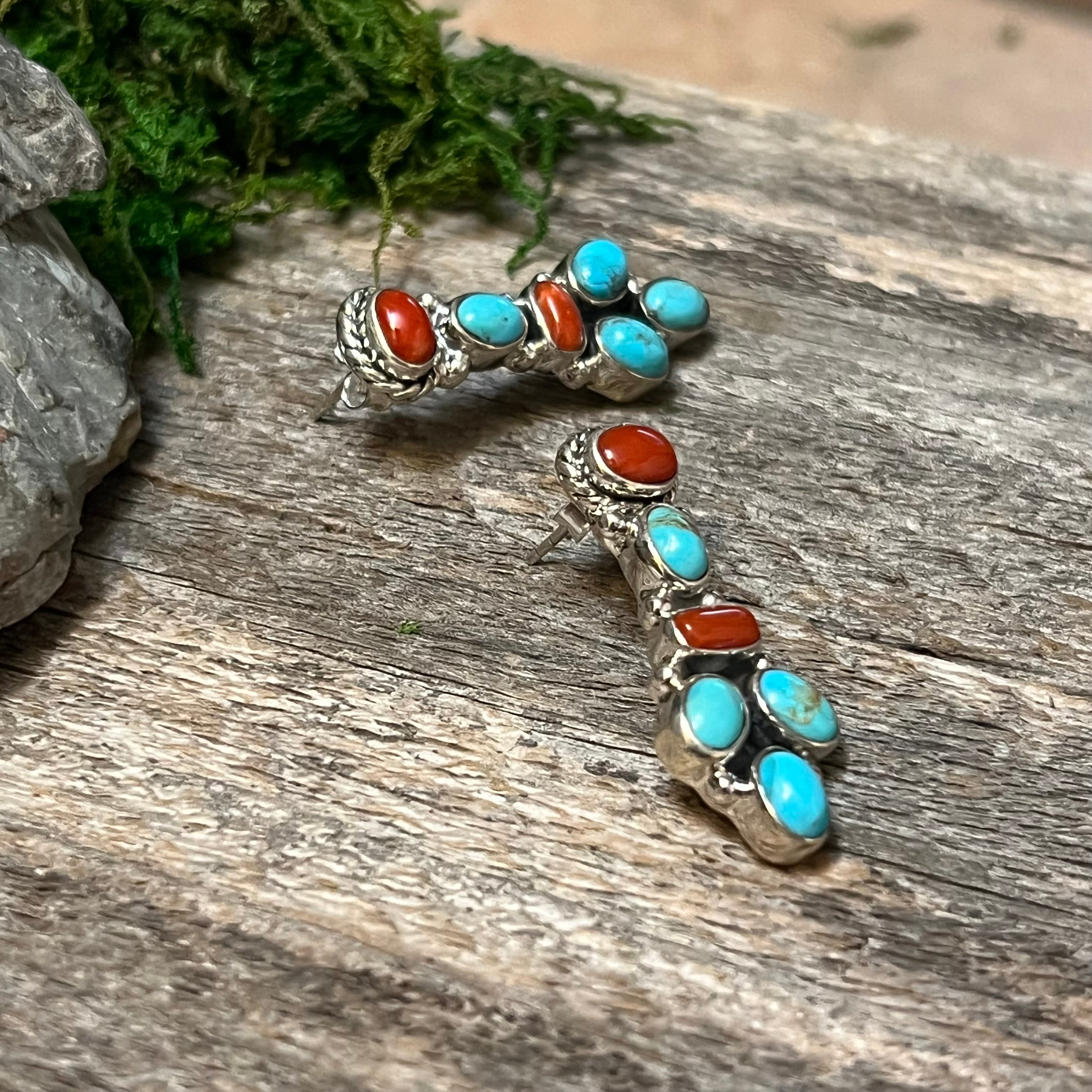 Handmade Sterling Silver Turquoise & Red Coral Cluster Stud Earrings