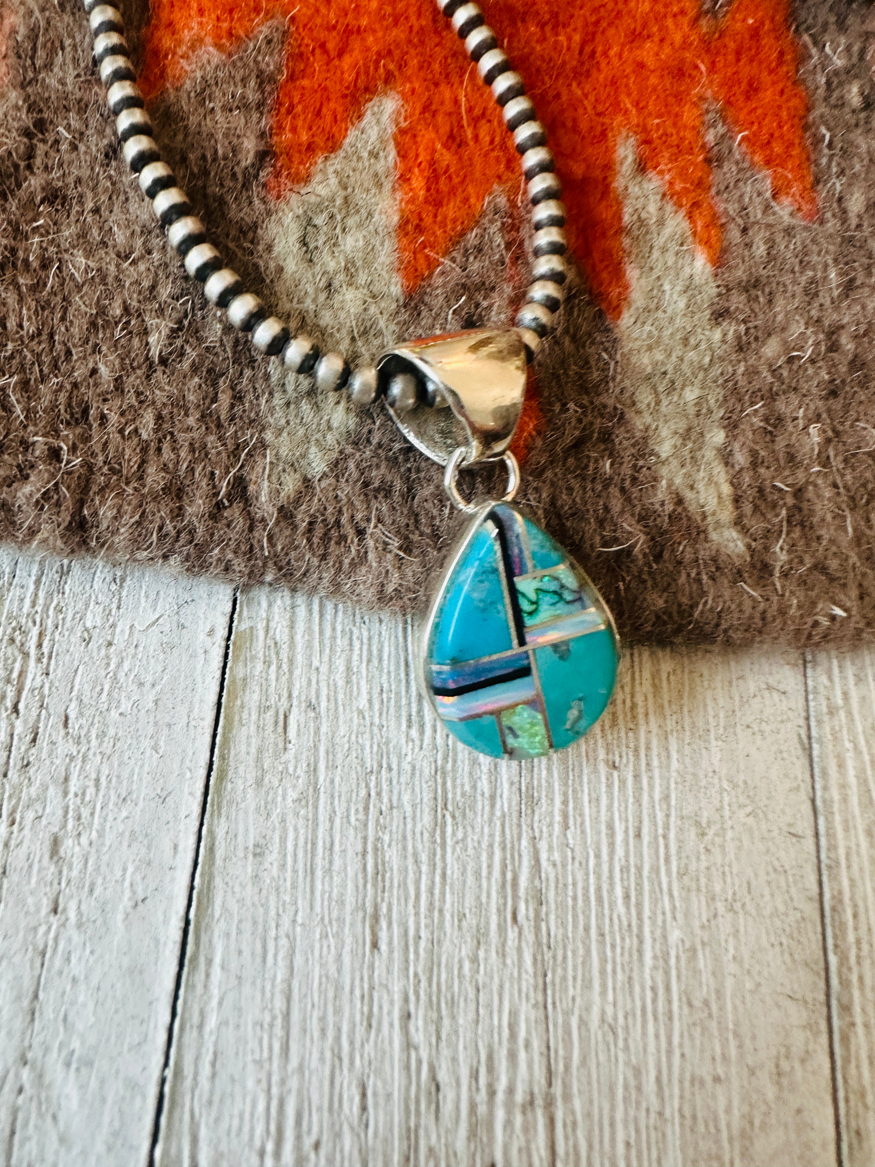 Navajo Multi Stone & Sterling Silver Inlay Teardrop Pendant