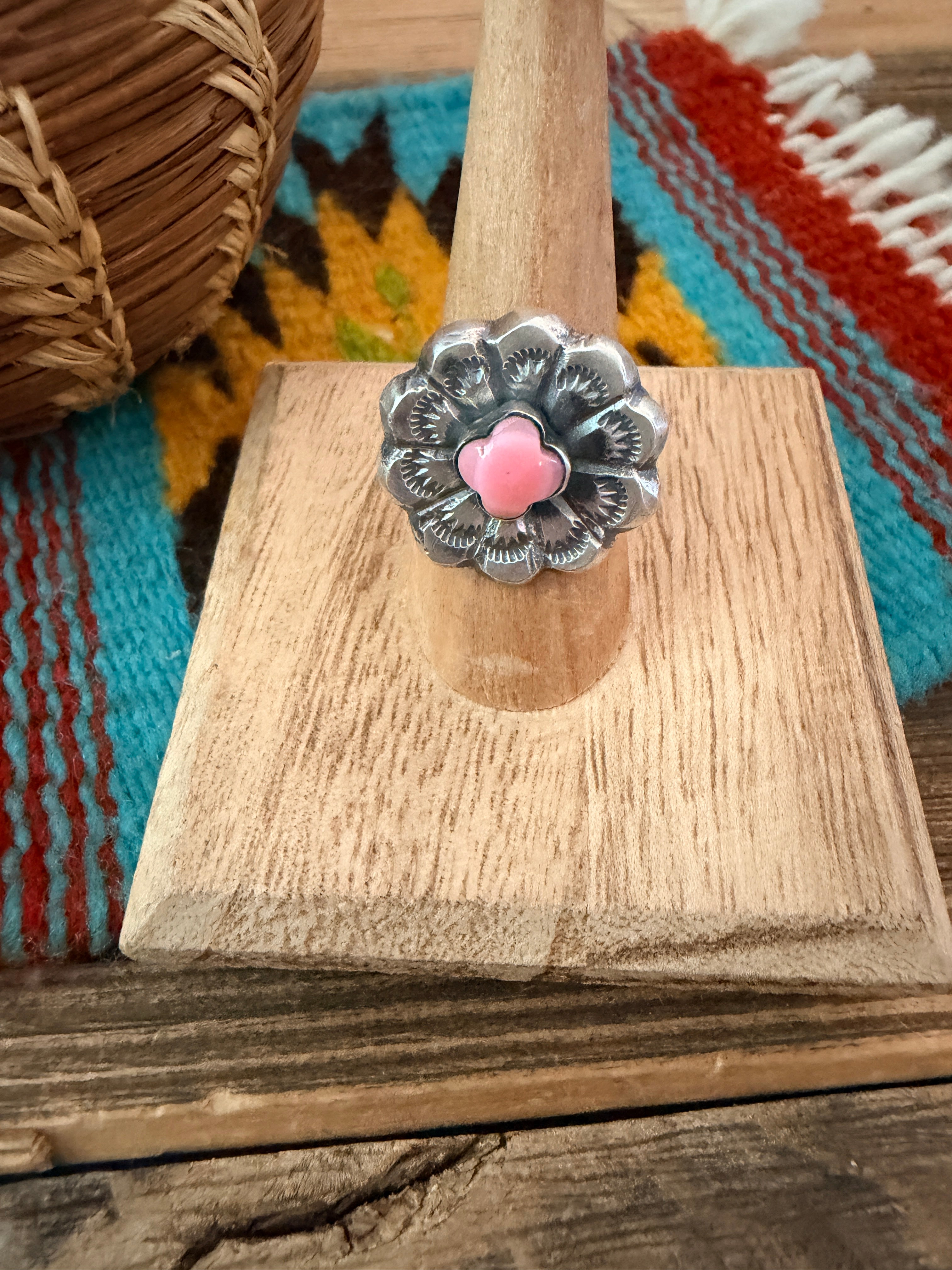 Handcrafted Queen Pink Conch and Sterling Silver Flower Ring size 7.5 by Chimney Butte