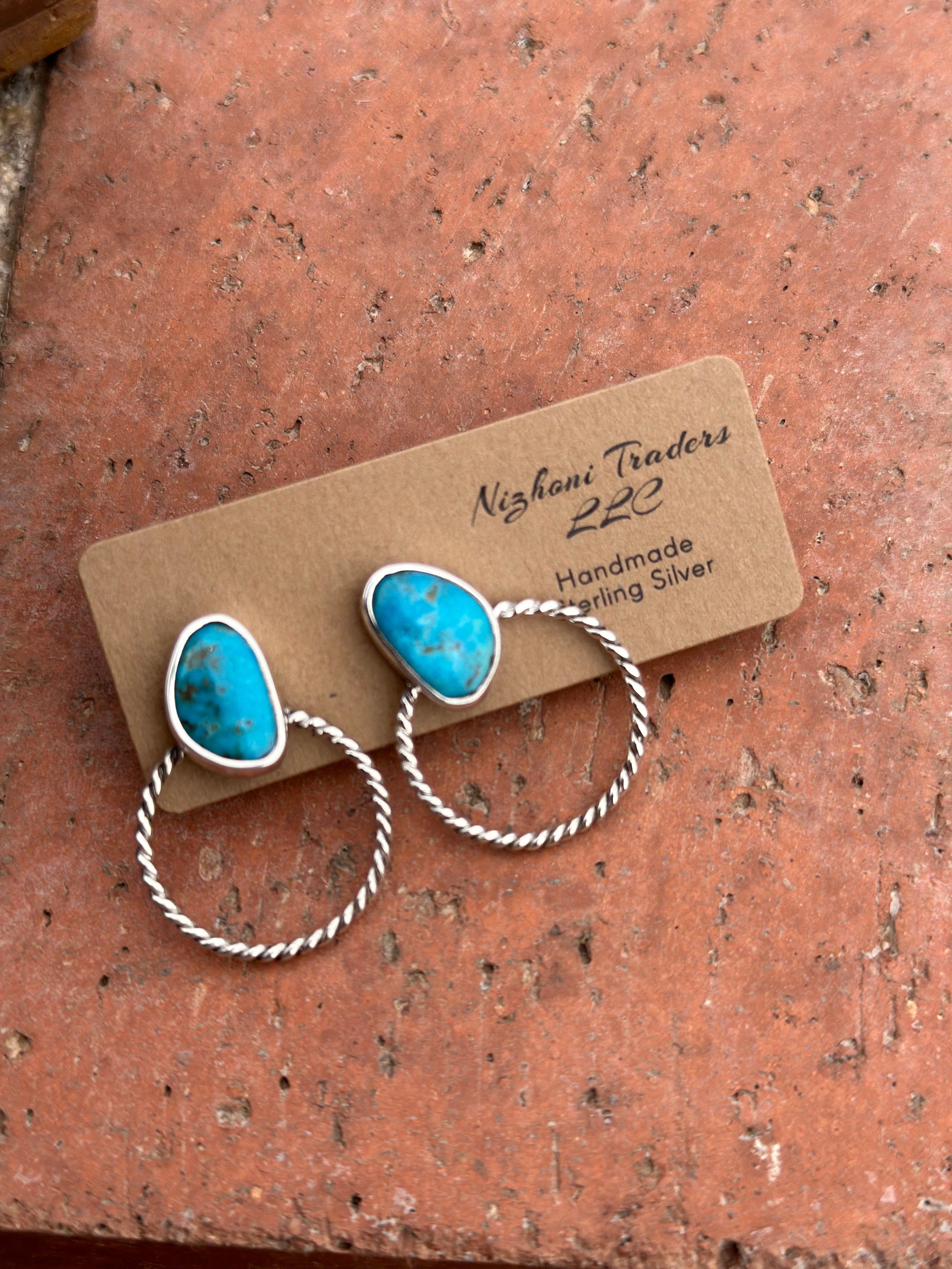 Handmade Kingman Turquoise & Sterling Silver Twisted Hoop Earrings