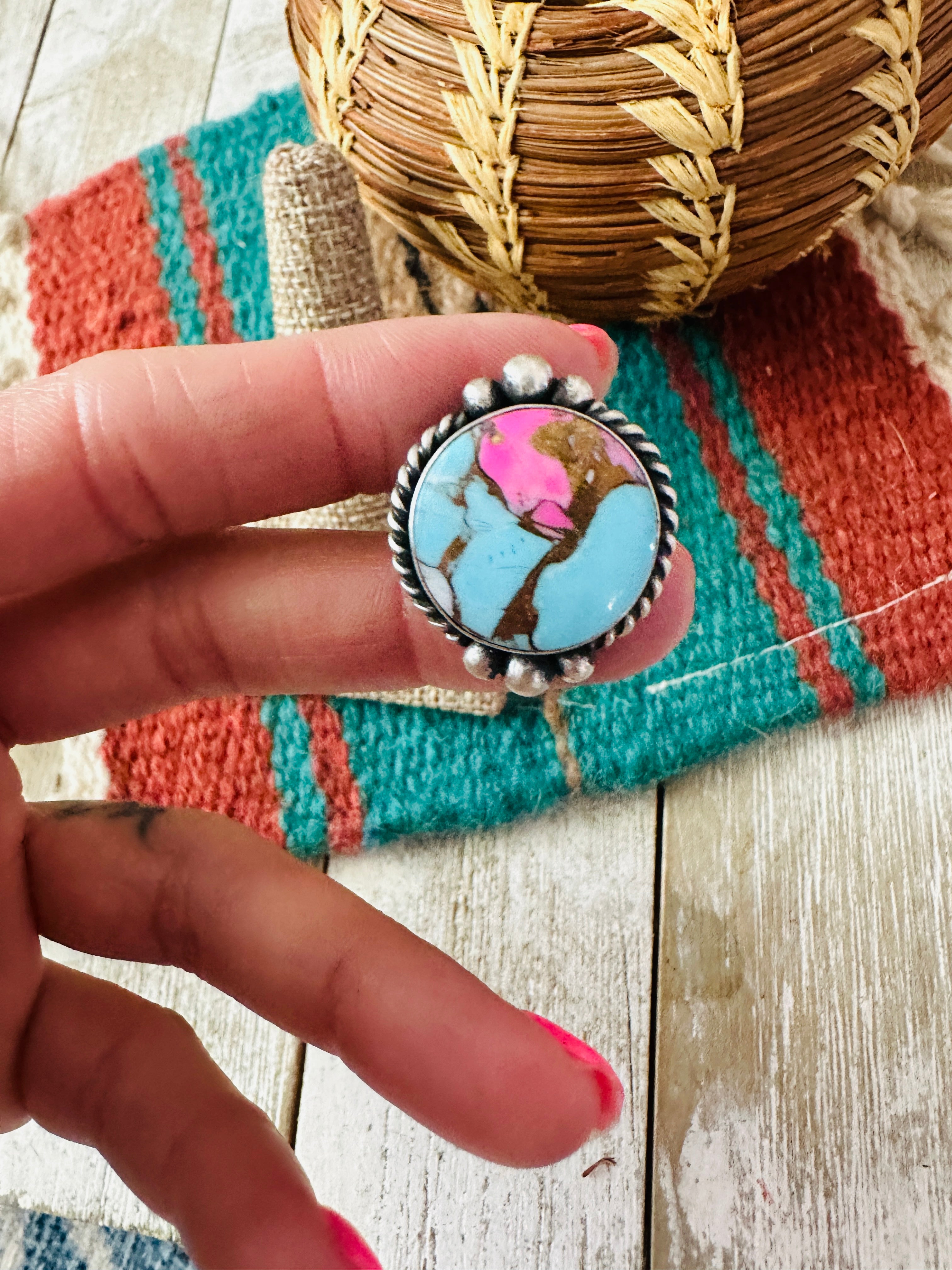 Handcrafted Sterling Silver & Cotton Candy Adjustable Ring