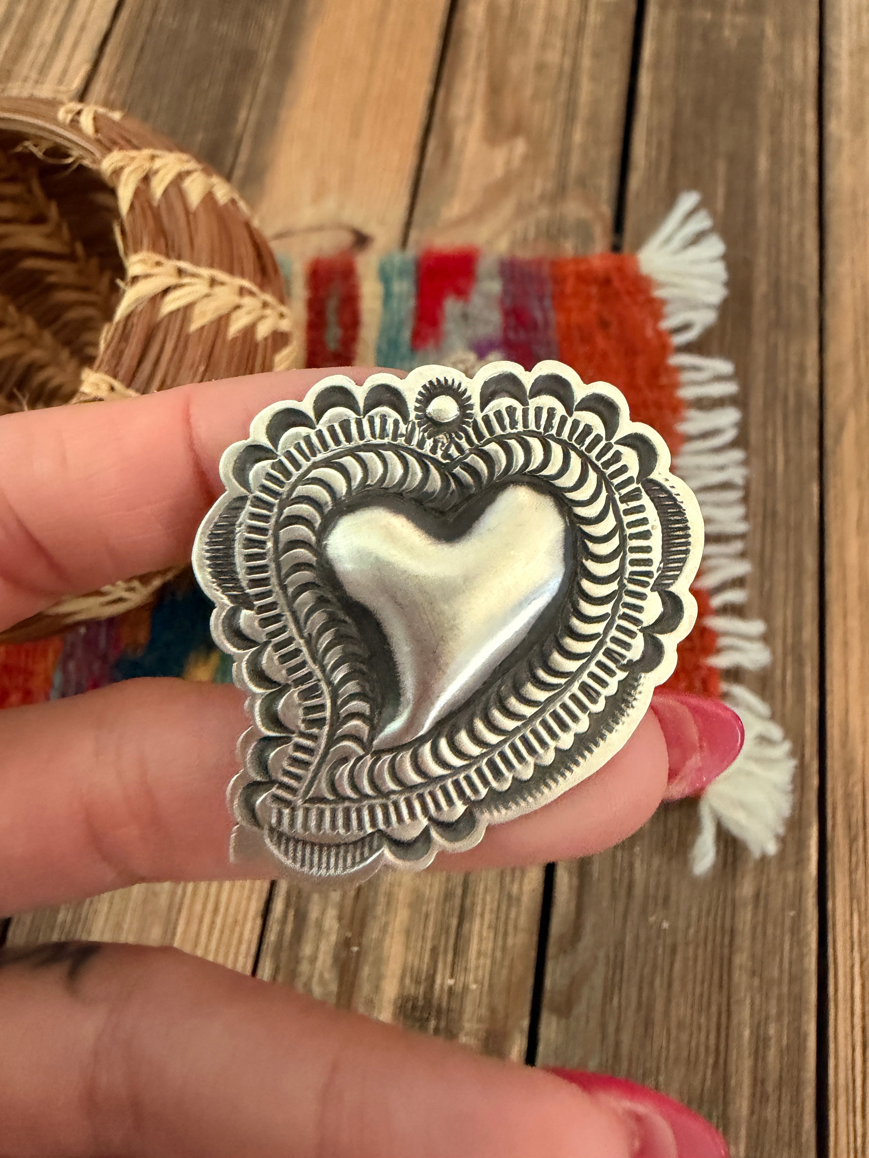 Handcrafted Sterling Silver Adjustable Heart Concho Ring by Leander Tahe