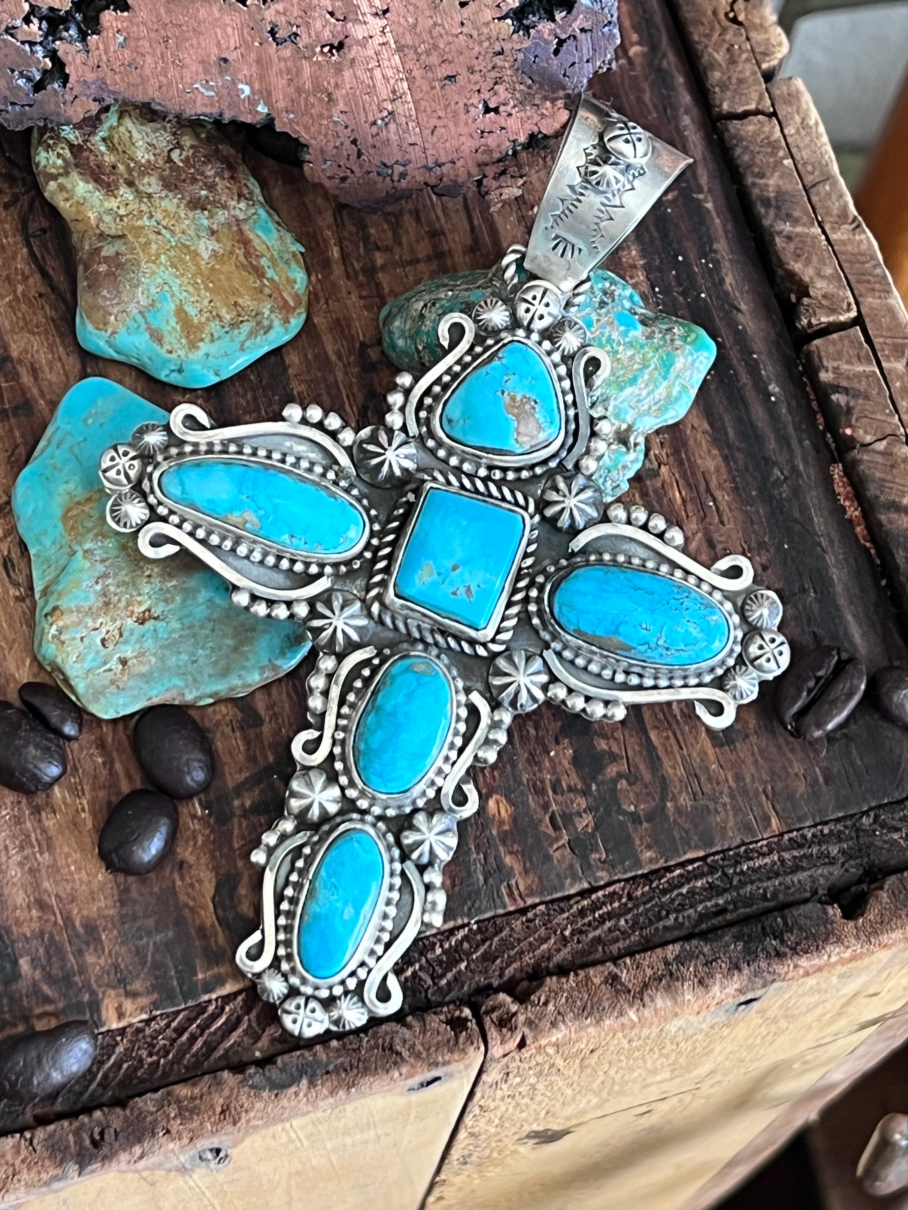 Sterling Silver and Royston Turquoise Cross Pendant by Rosella Paxson