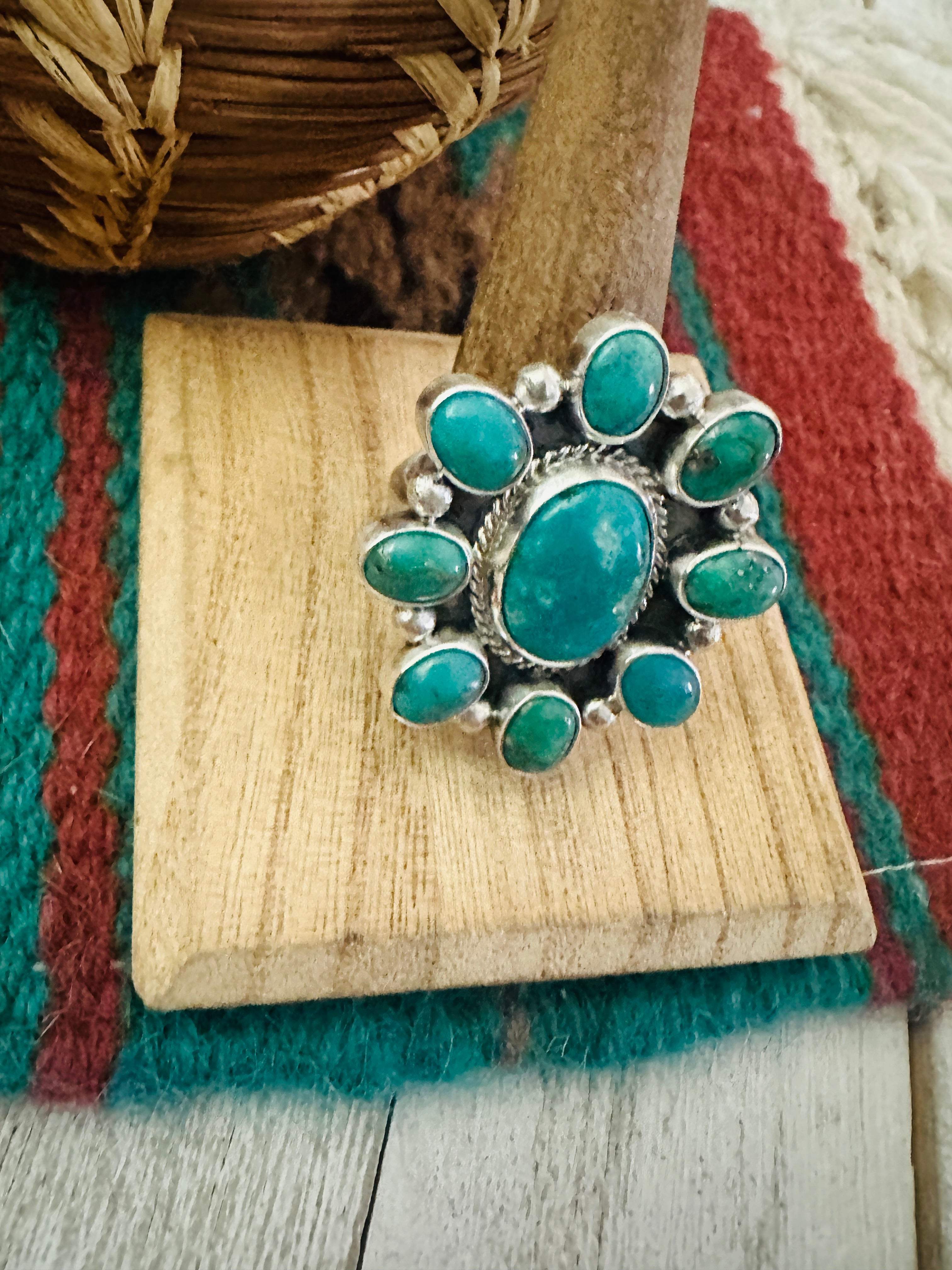 Navajo Sterling Silver & Turquoise Cluster Adjustable Ring