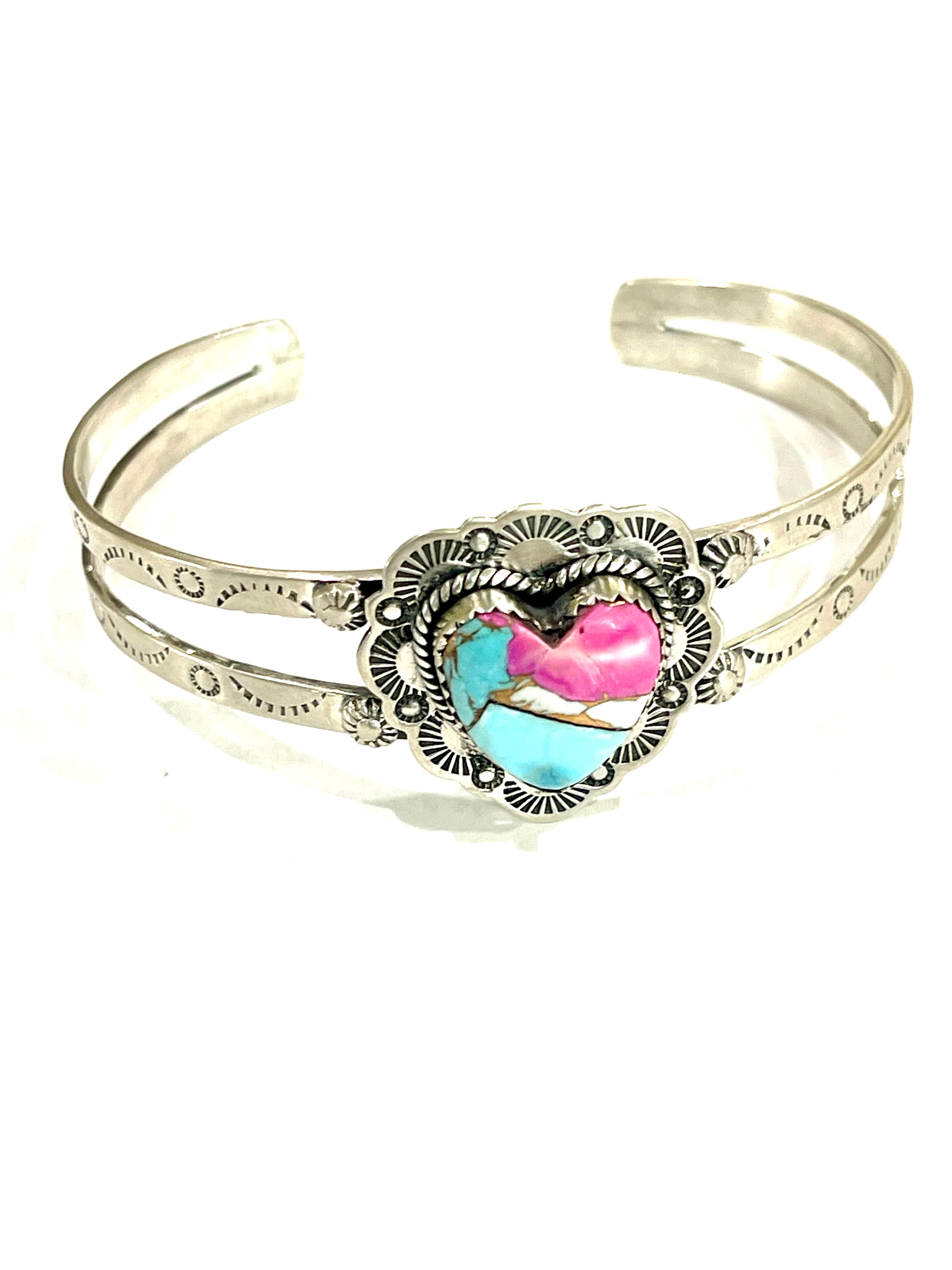 Handmade Sterling Silver & Cotton Candy Heart Cuff Bracelet