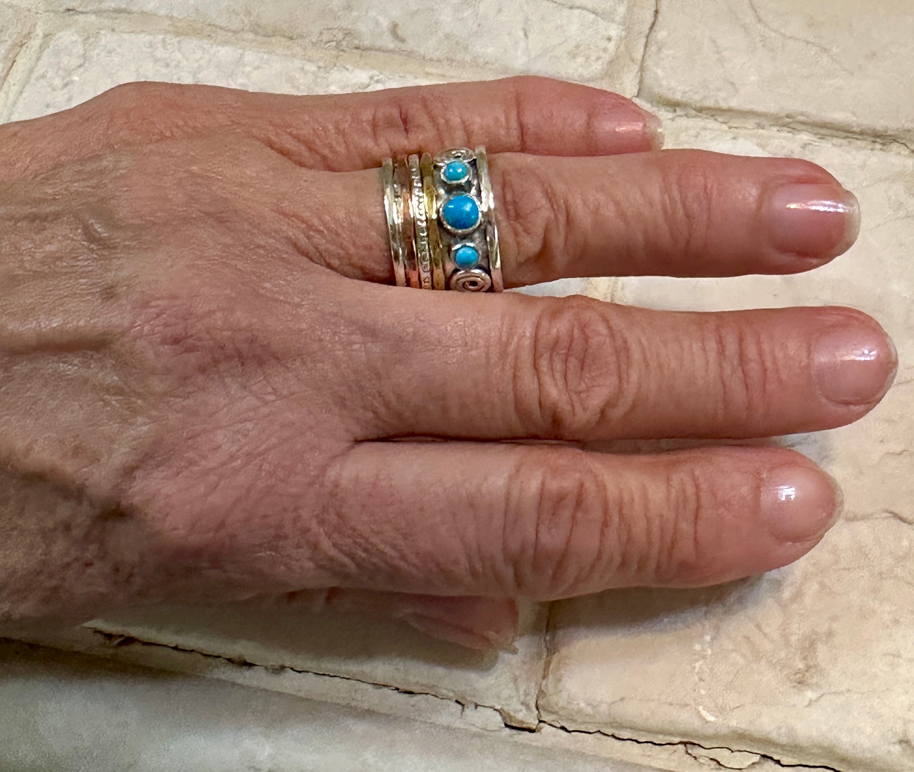 Three Stone Copper Turquoise, Copper, Sterling Silver, Gold, Spinner Ring Size 7