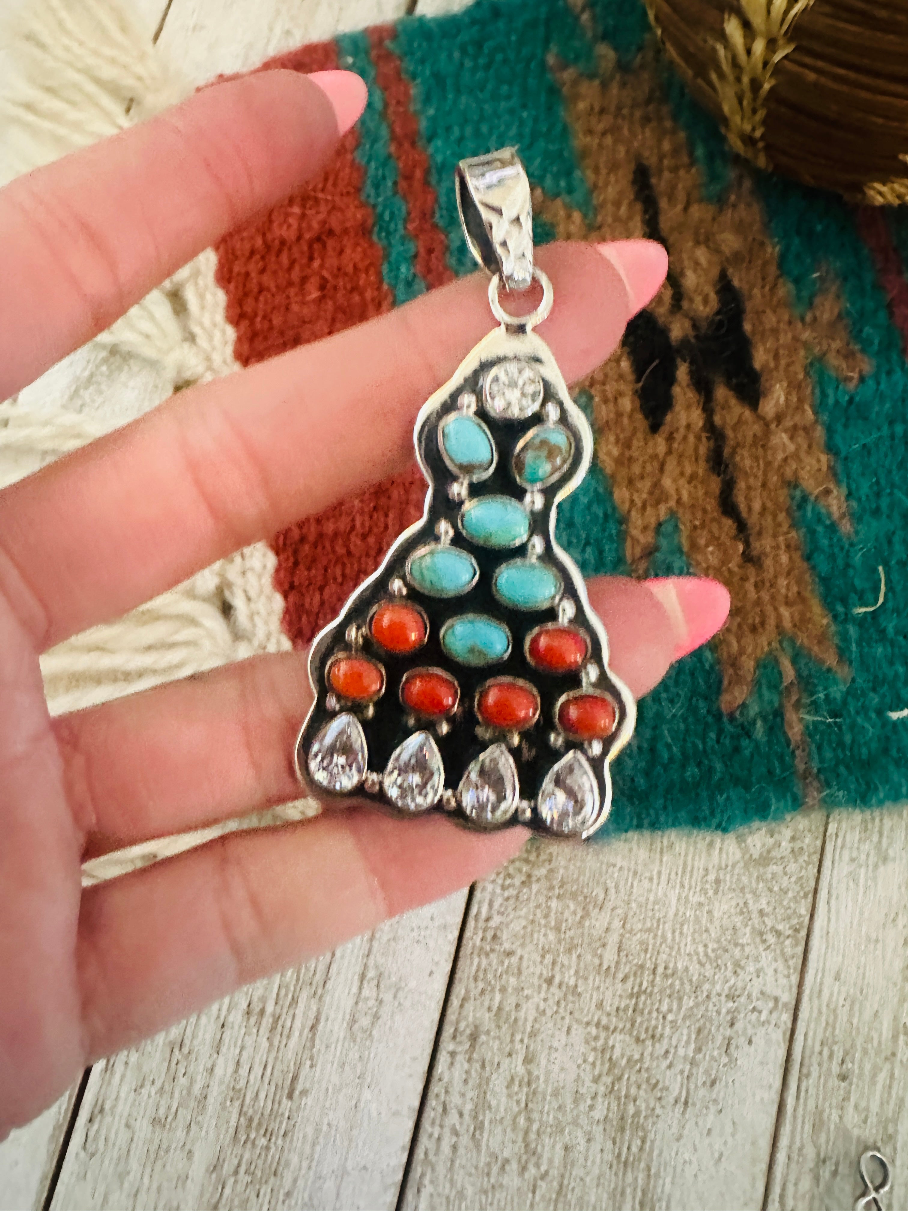 ** Christmas Collection ** Handmade Sterling Silver, Coral, Turquoise & CZ Pendant Signed Nizhoni