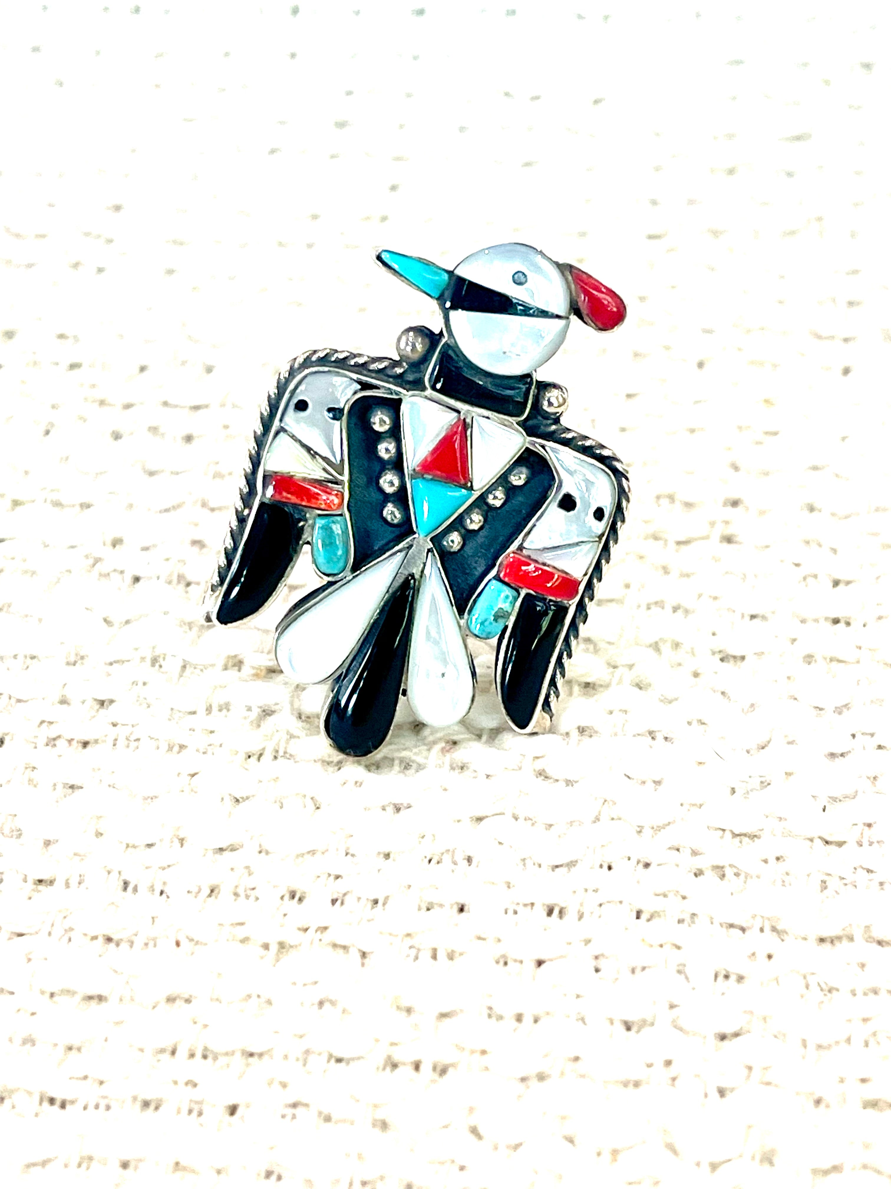 Handmade Sterling Silver & Multi Stone Thunderbird Adjustable Ring