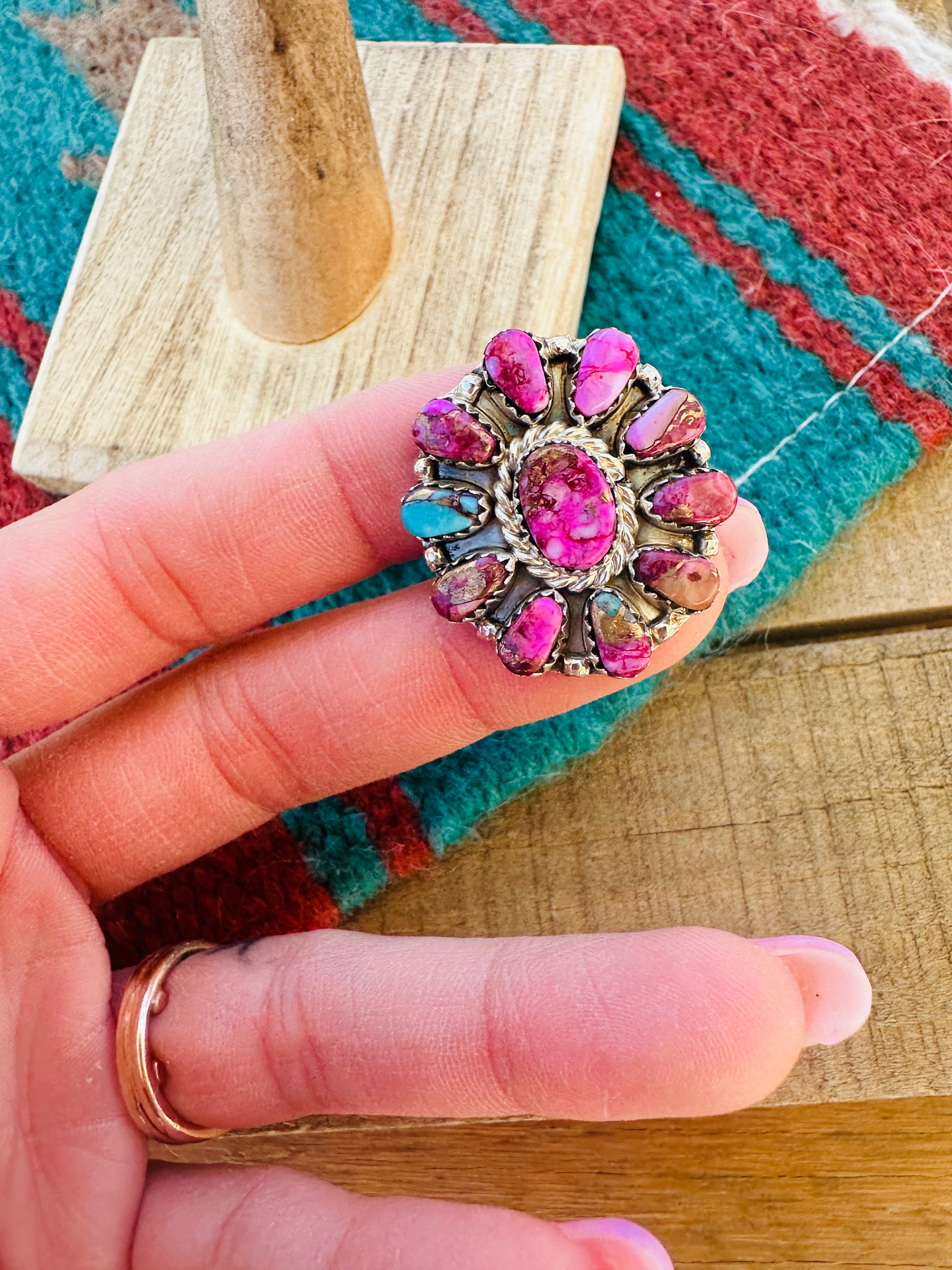 Navajo Pink Dream  & Sterling Silver Cluster Adjustable Ring