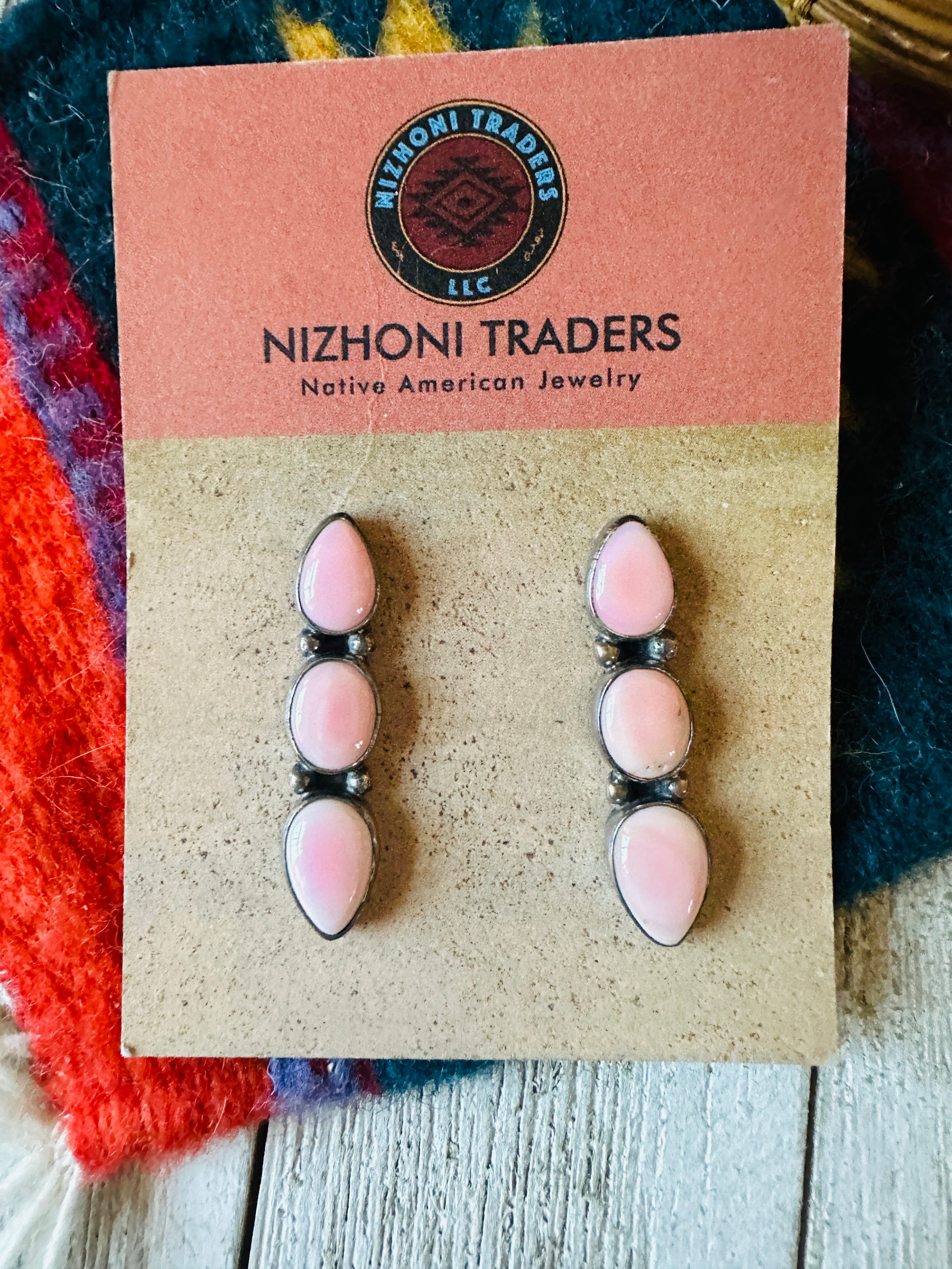 Navajo Queen Pink Conch & Sterling Silver 3-Stone Dangle Earrings