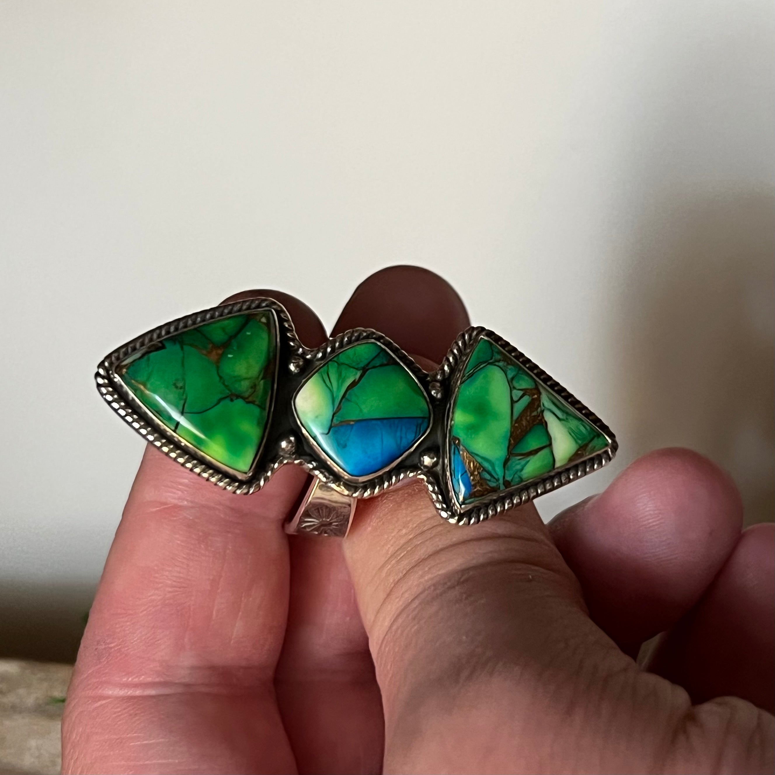 Handmade Sterling Silver Peacock Dahlia 3 Stone Ring