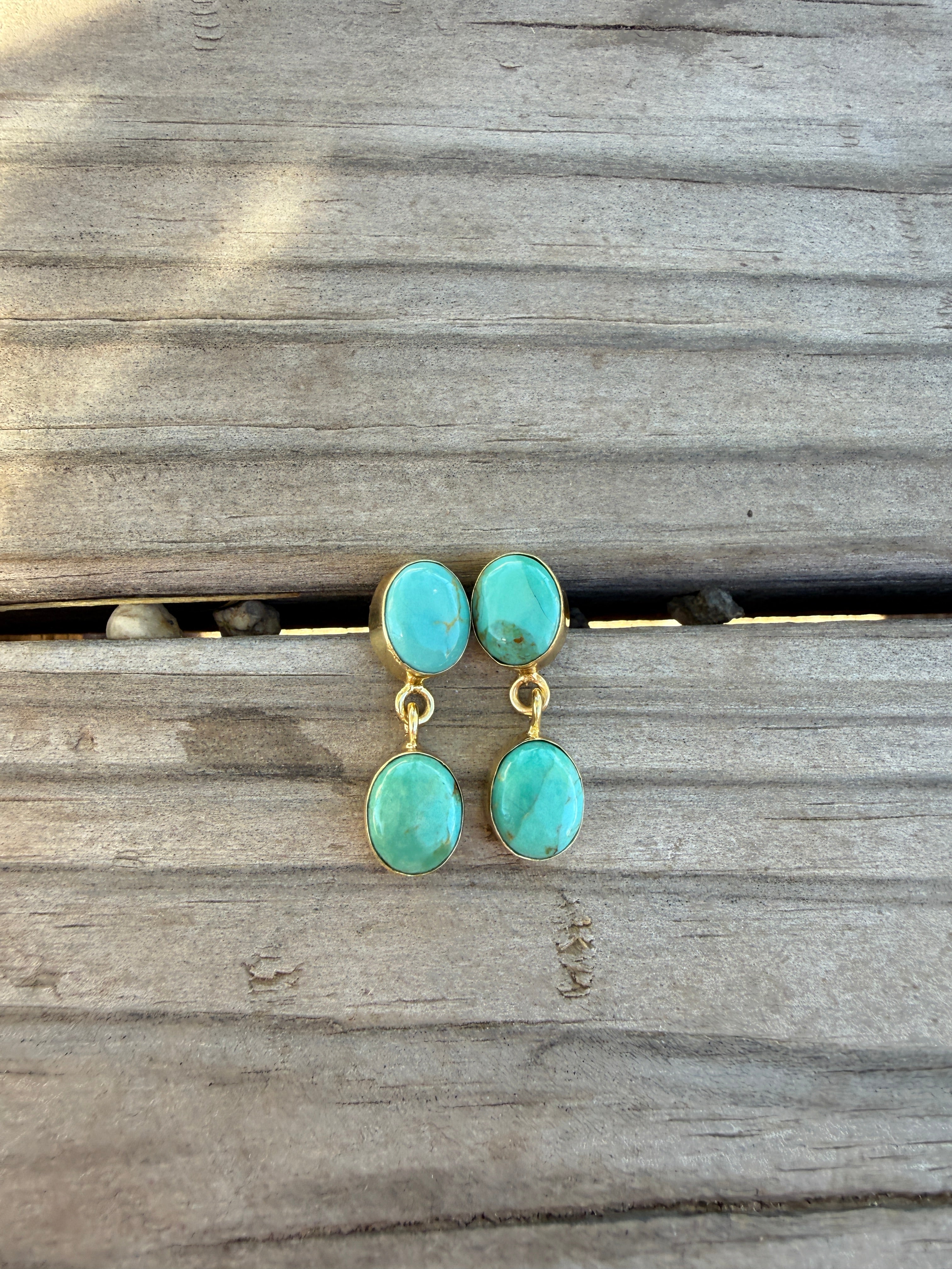 “The Golden Collection” Handmade Natural Gold Plated Kingman Turquoise Post Dangle Earrings