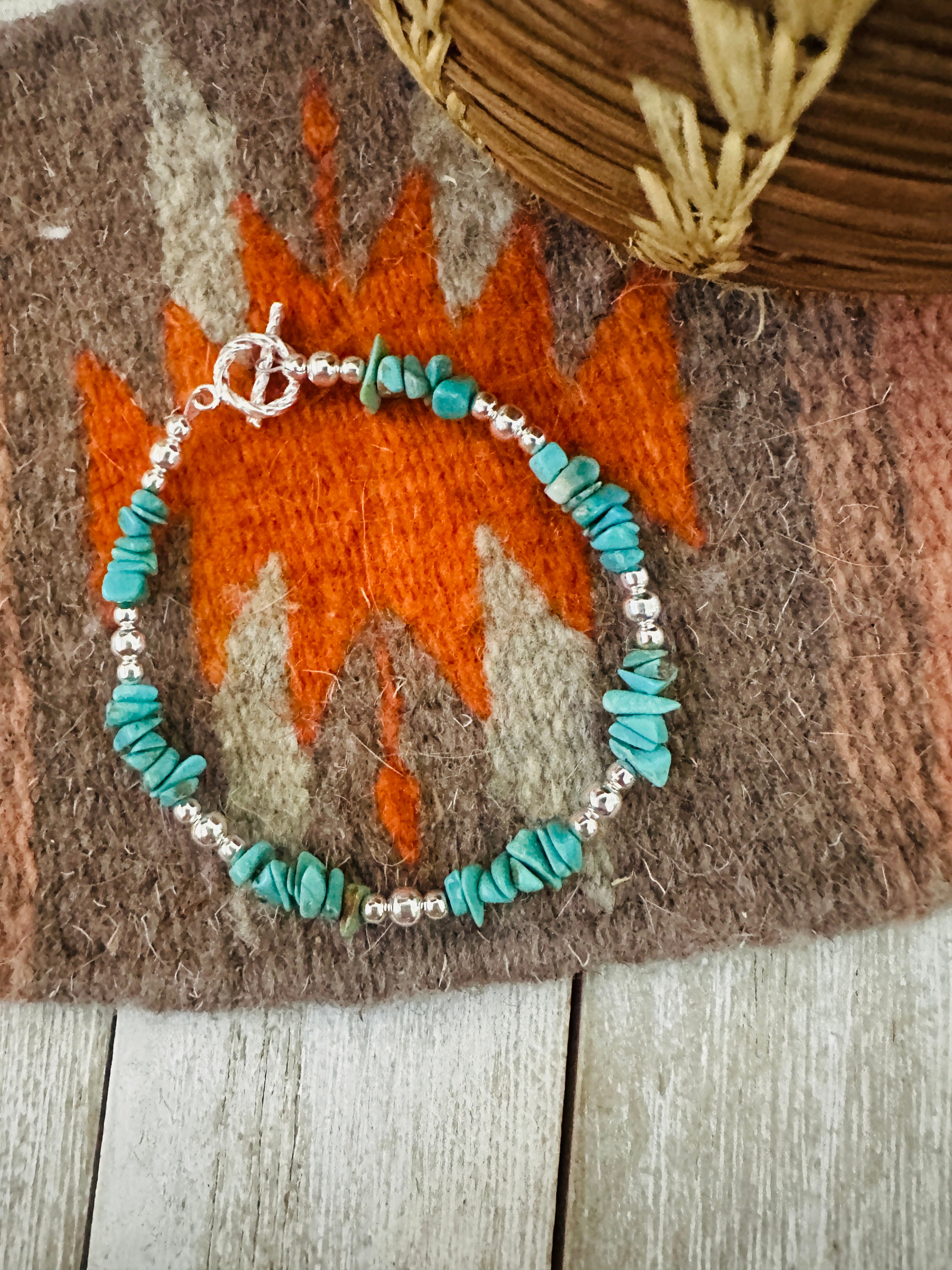 Handcrafted  Sterling Silver Pearl & Turquoise Beaded Bracelet