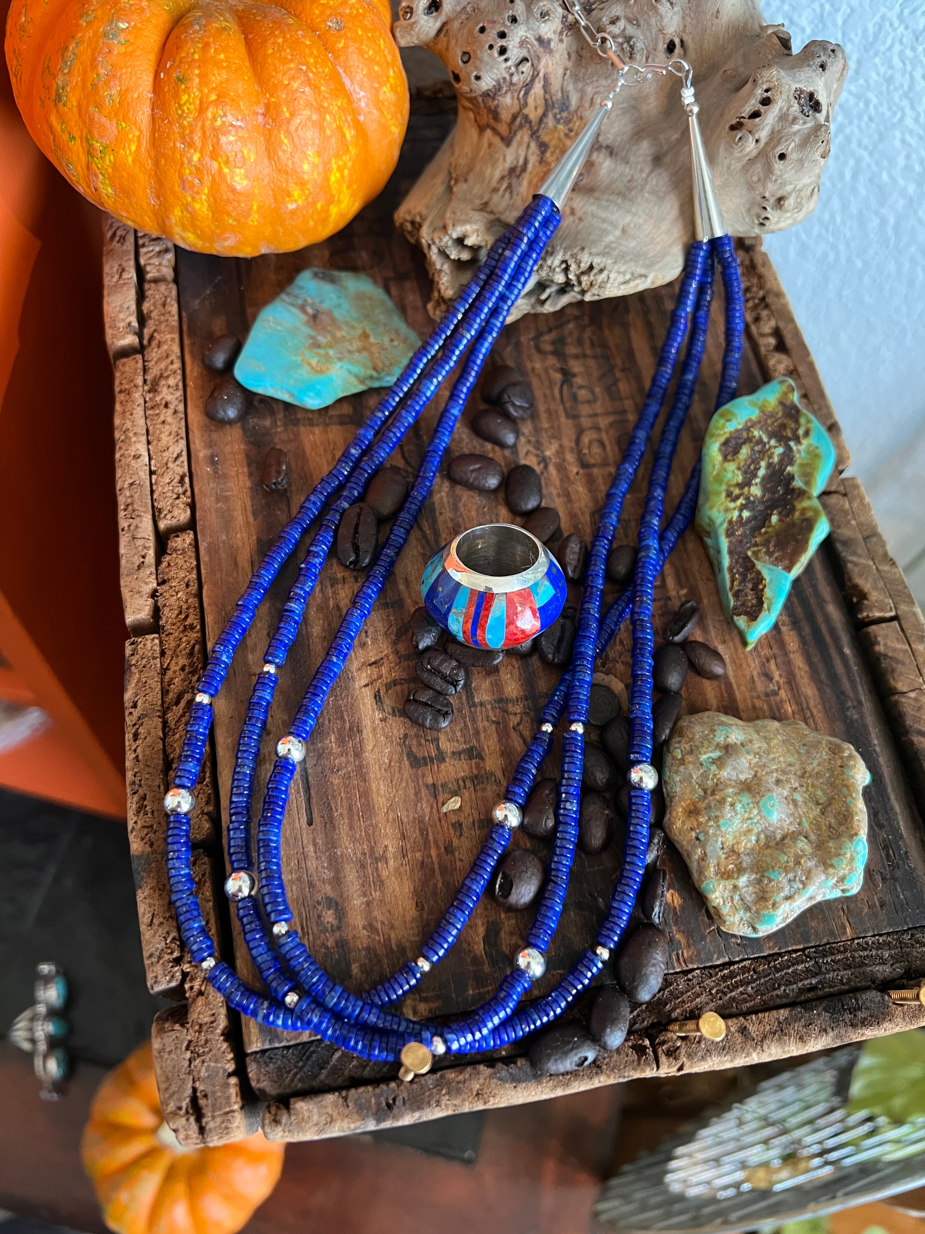 Daniel Coriz Triple Strand Lapis Beaded Necklace w/ Removable Sterling Silver & Stone Inlay Bead