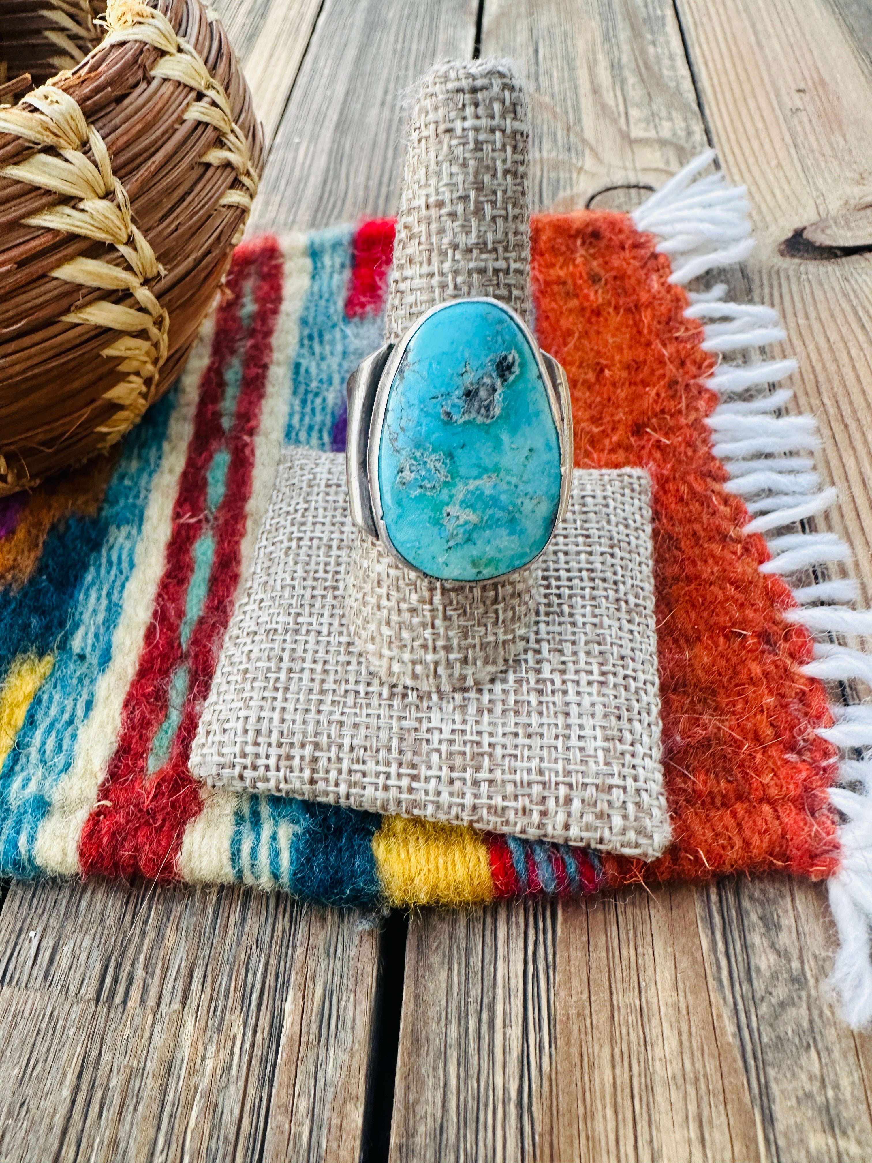 Old Pawn Handcrafted Turquoise & Sterling Silver Ring Size 10.5
