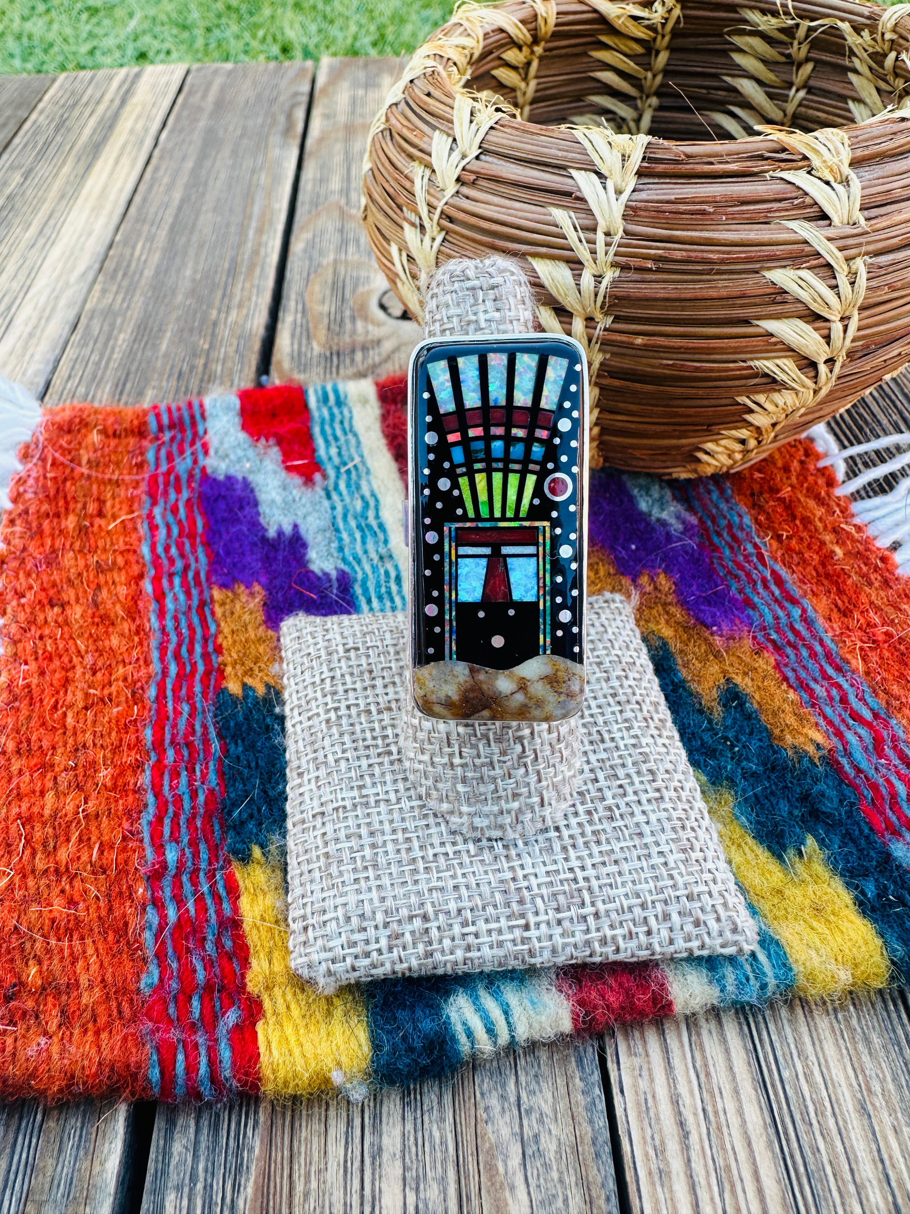 Handcrafted Multi Stone & Sterling Silver Inlay Adjustable Ring by Matthew Jack