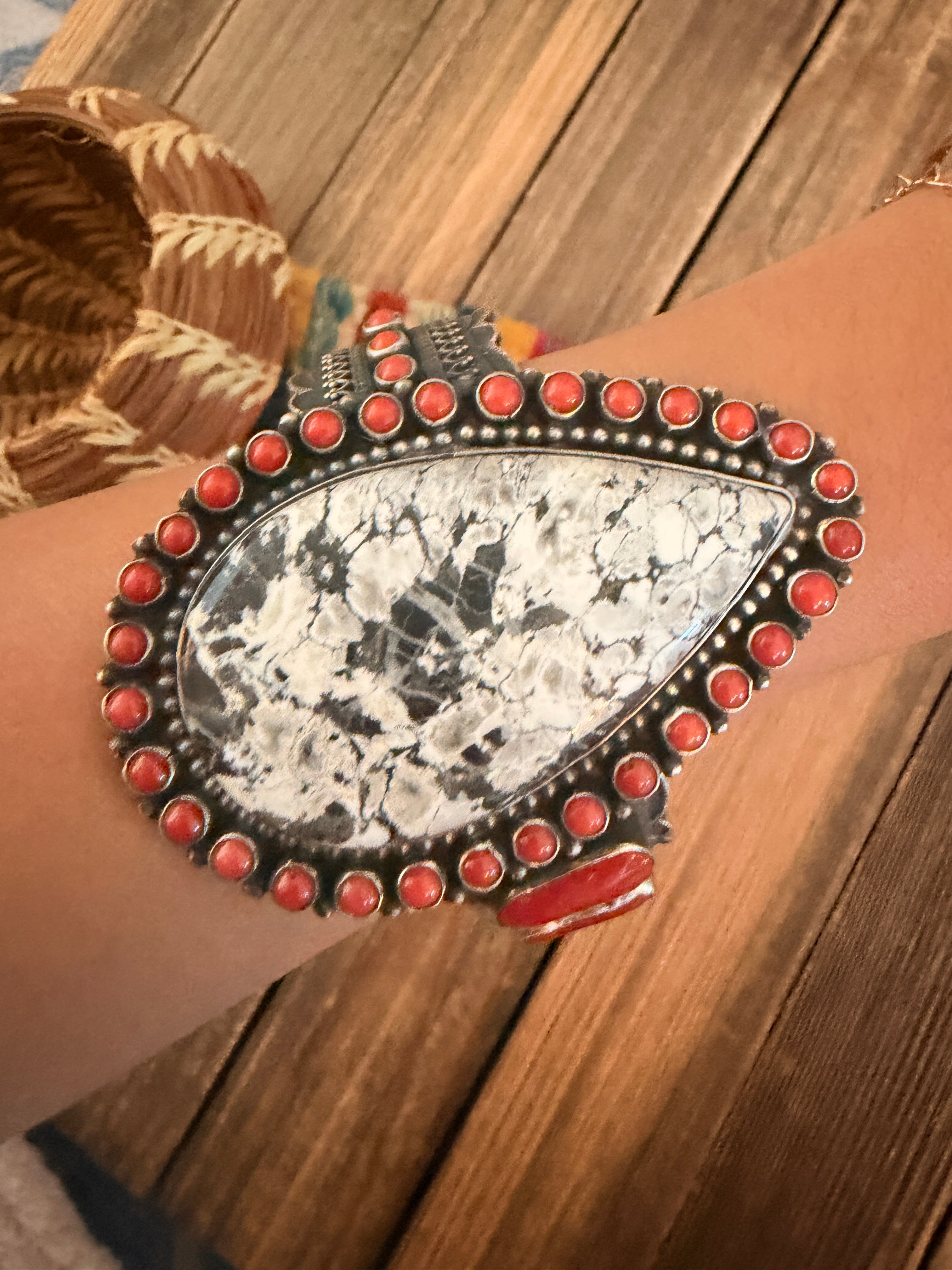 Handcrafted Sterling Silver, White Buffalo & Coral Cuff Bracelet by Shawn Cayatineto