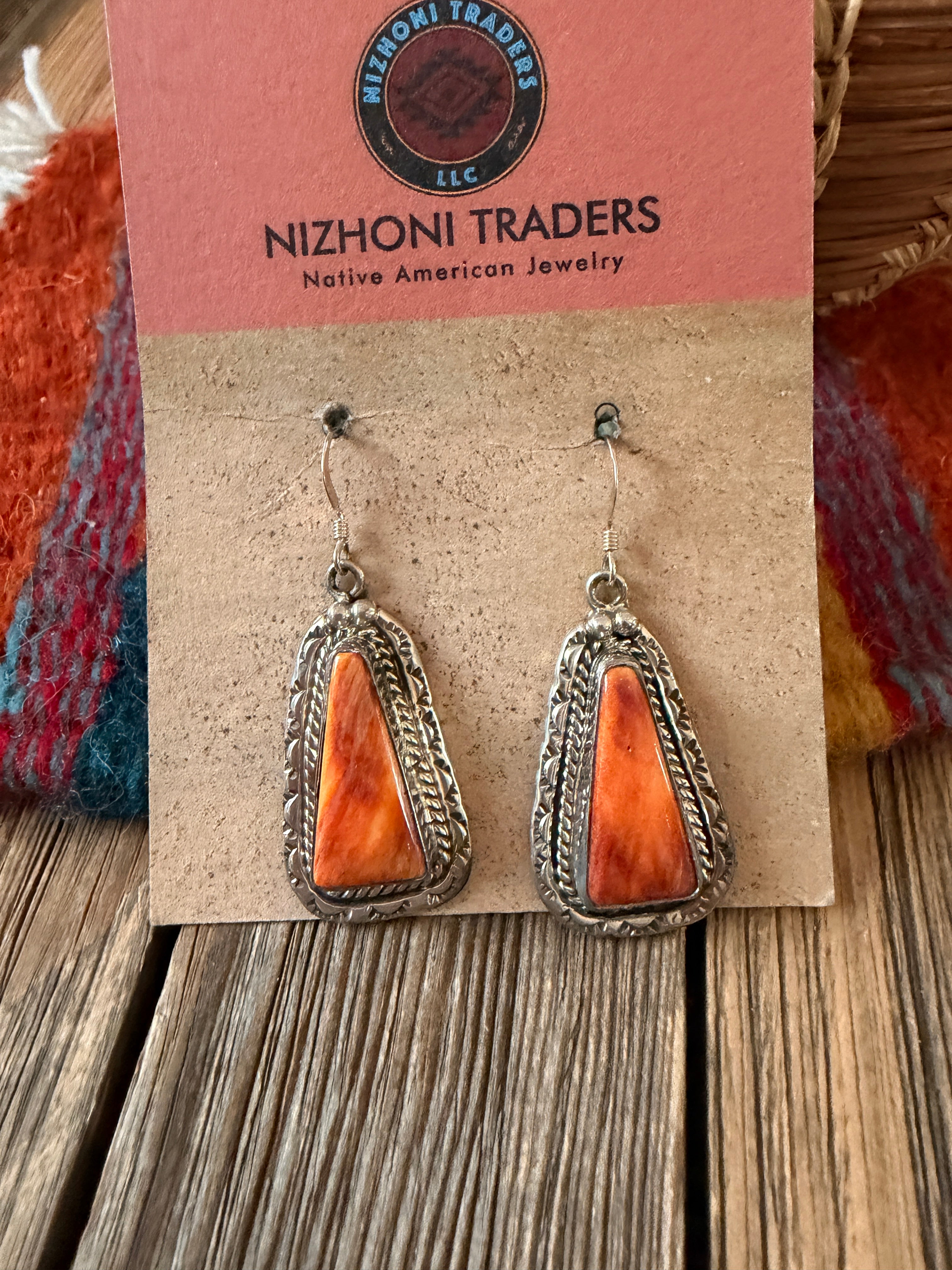 Handcrafted Orange Spiny And Sterling Silver Dangle Earrings