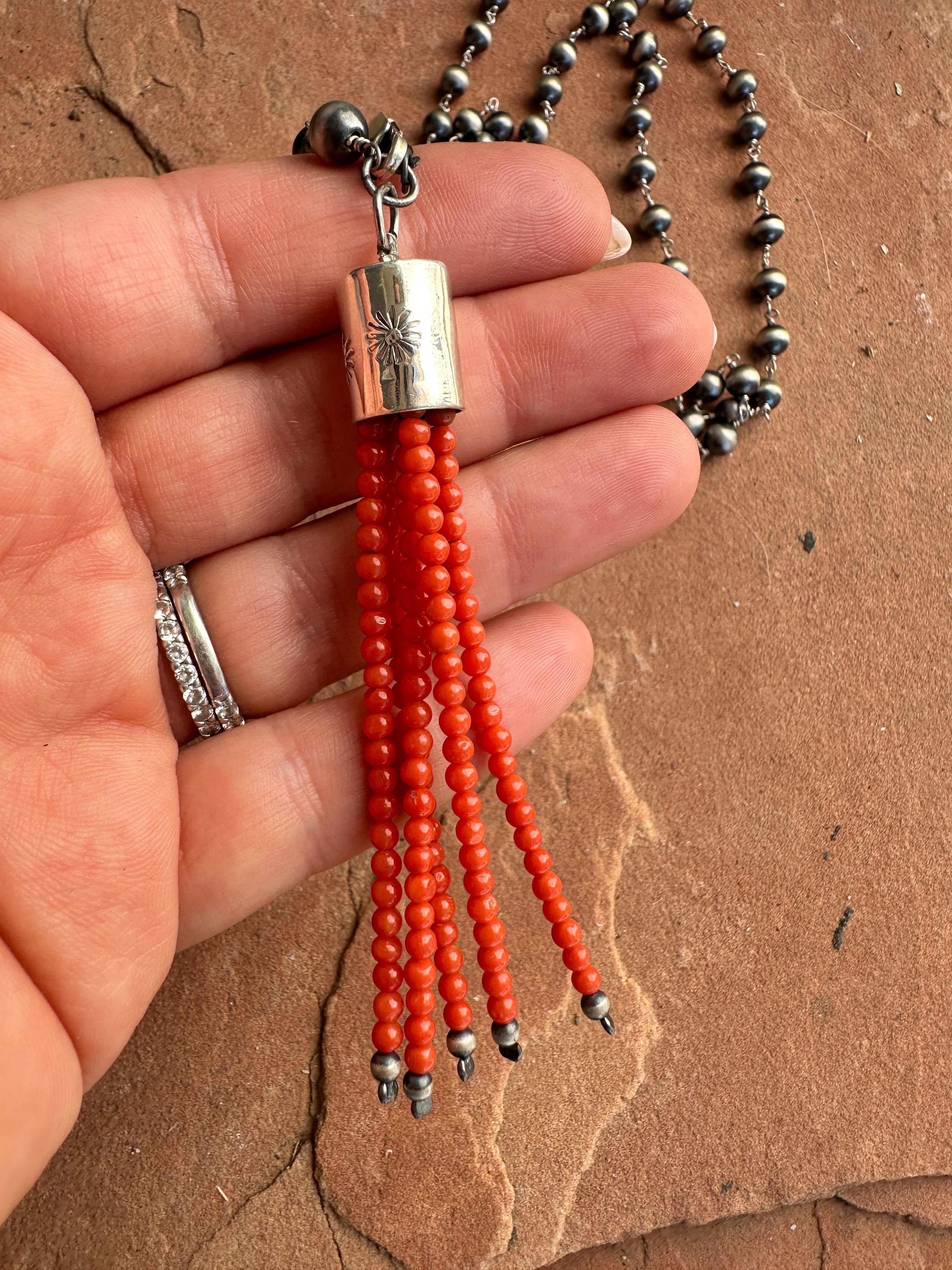 Handmade Sterling Silver Beaded Coral Tassel Necklace