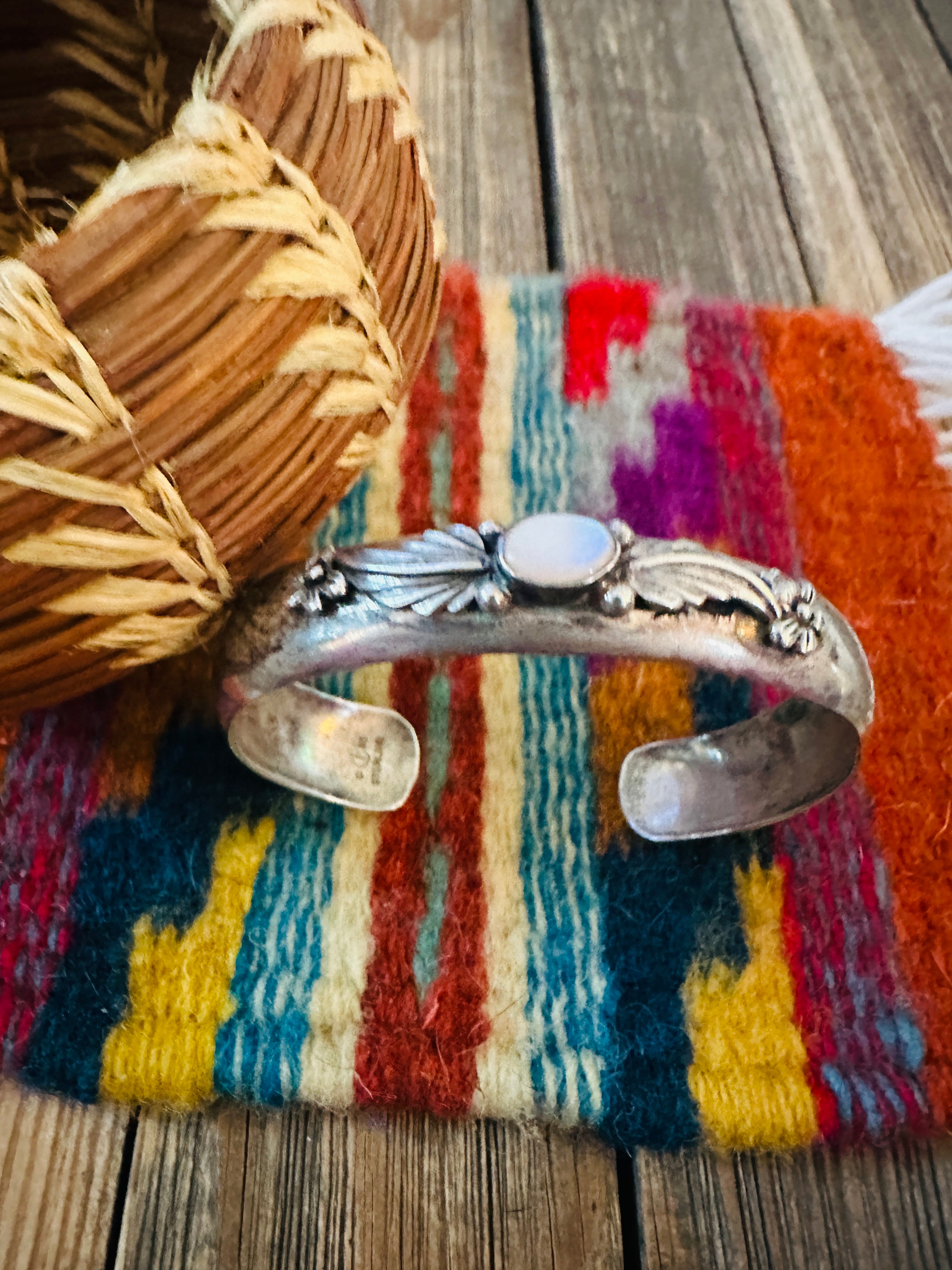 Handcrafted Old Pawn Sterling Silver & Mother of Pearl Cuff Bracelet
