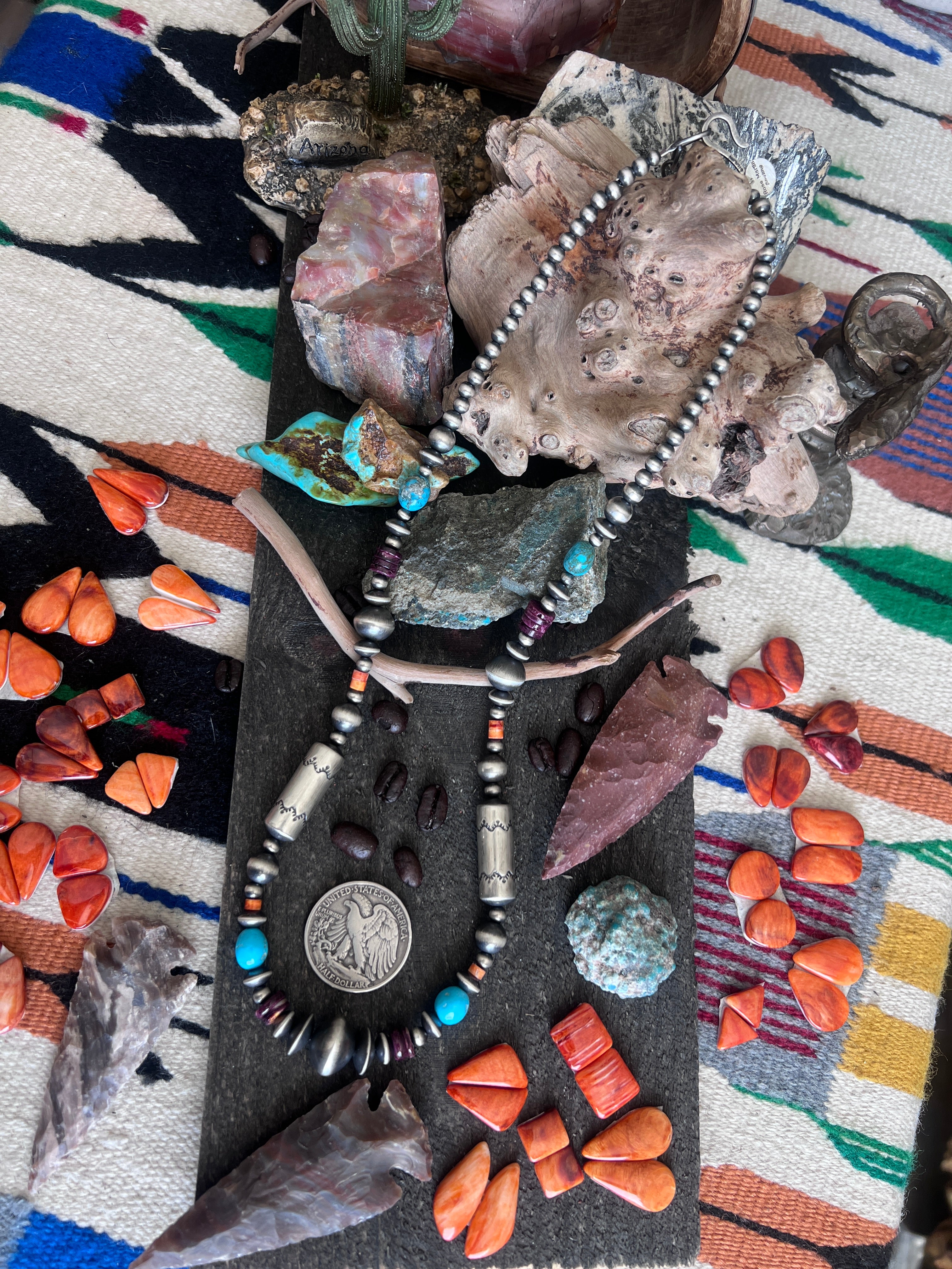 Rose Martin Electric Rainbow Sterling Silver, Turquoise and Spiny Oyster Single Strand Beaded Necklace, 24 + 1-1/2 inches