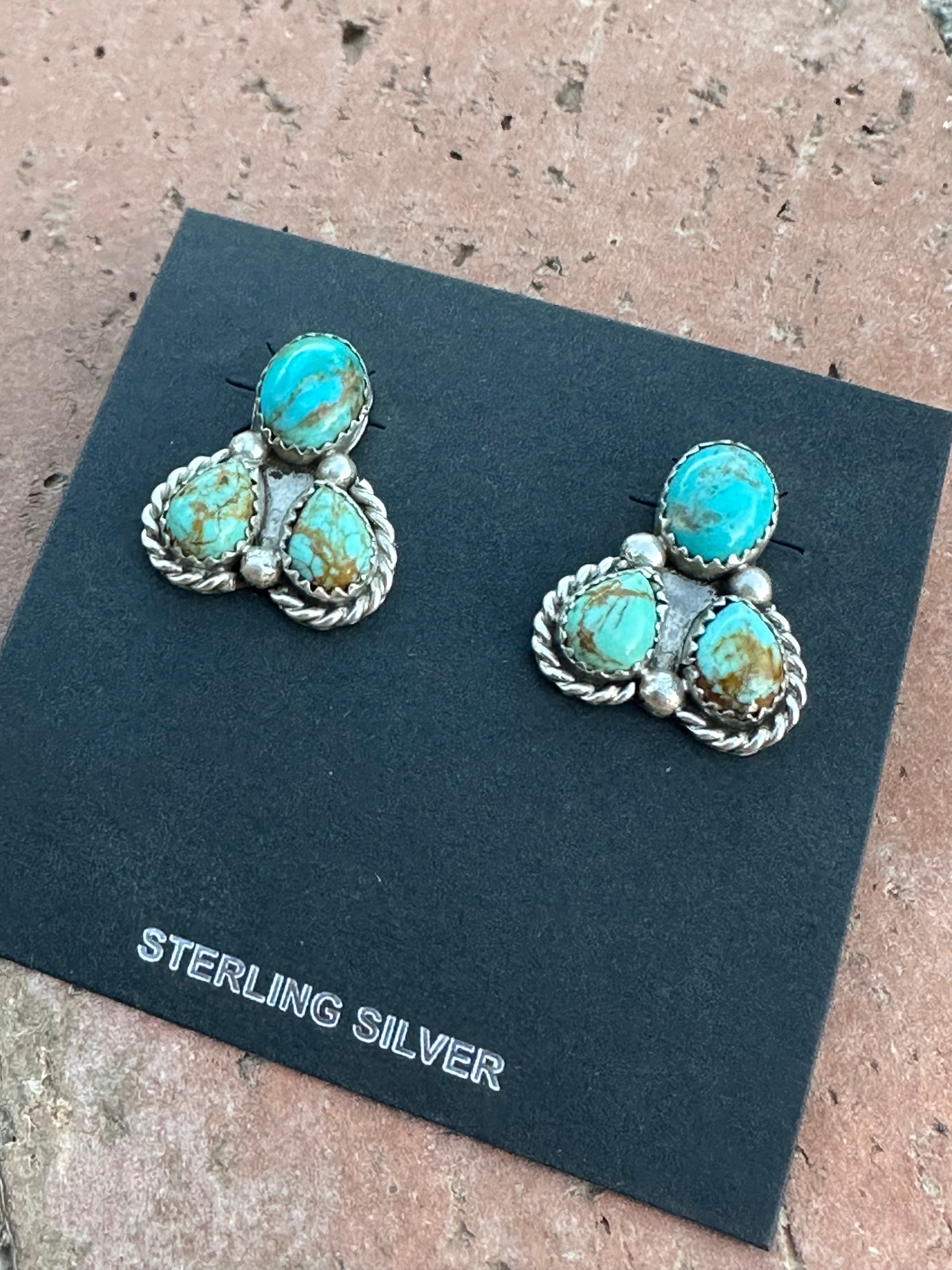 Navajo Kingman Turquoise  Sterling Silver Stud Earrings Signed Maxine Rameriz