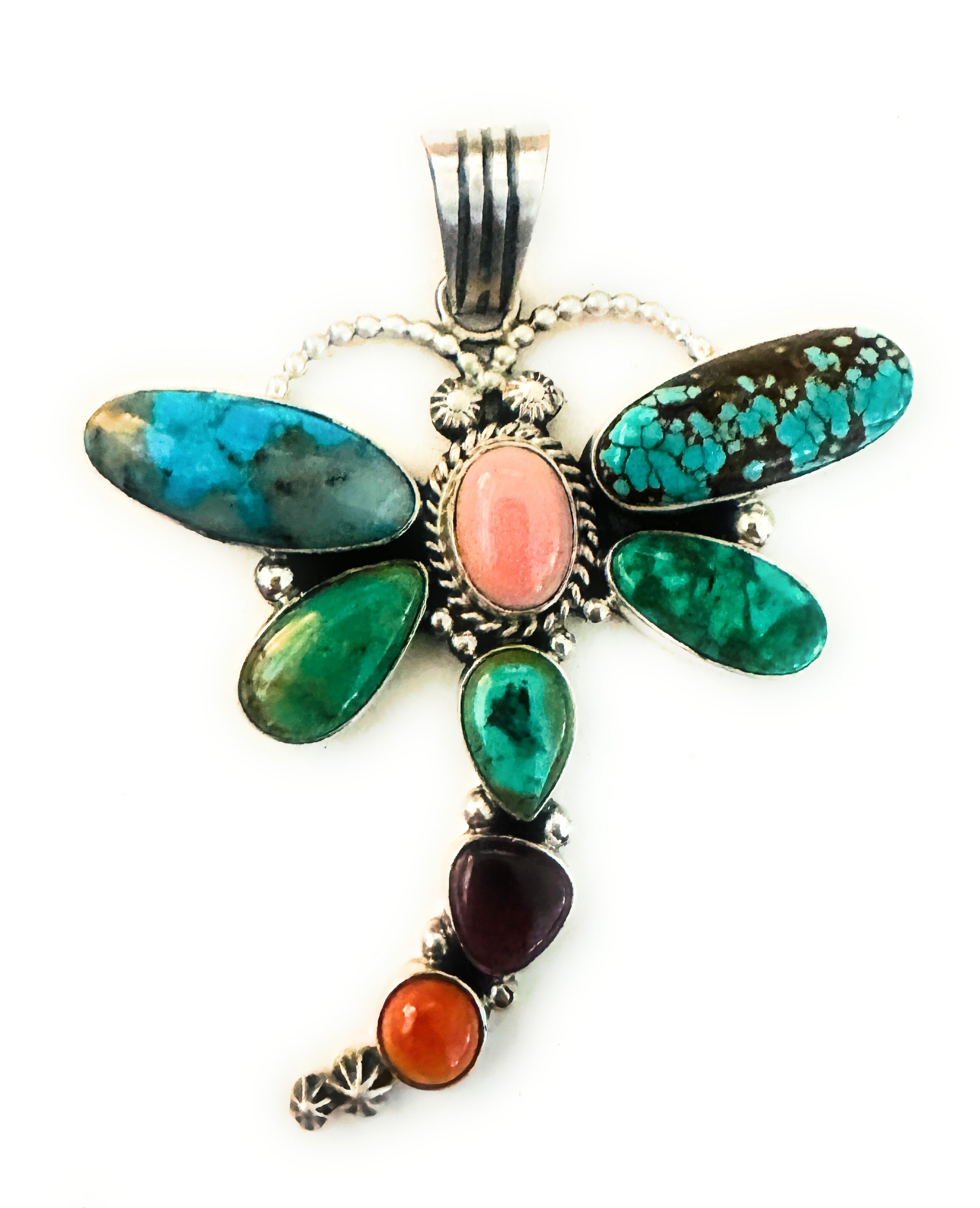 Navajo Multi Stone & Sterling Silver Dragonfly Pendant