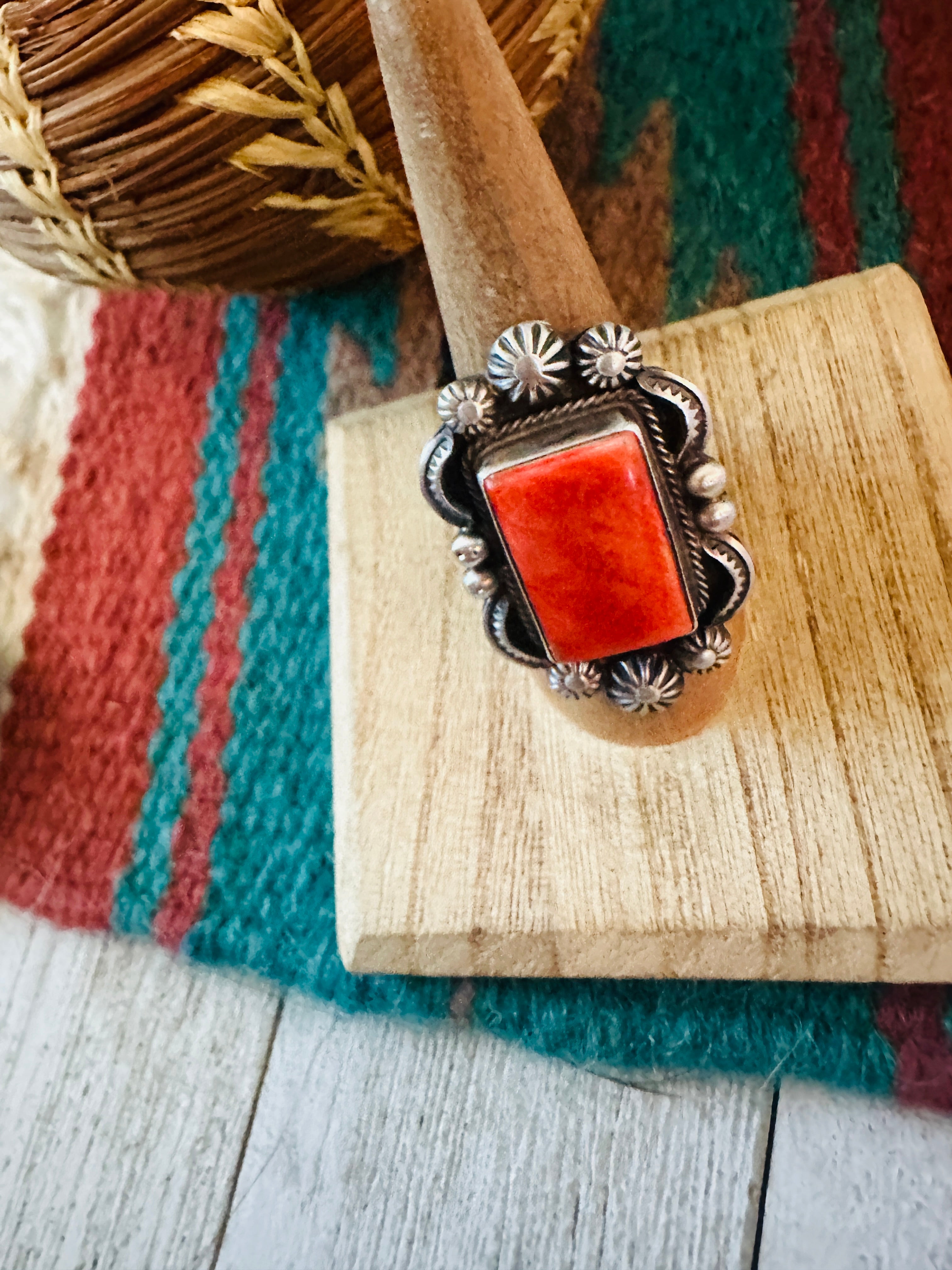 Navajo Sterling Silver & Orange Spiny Ring