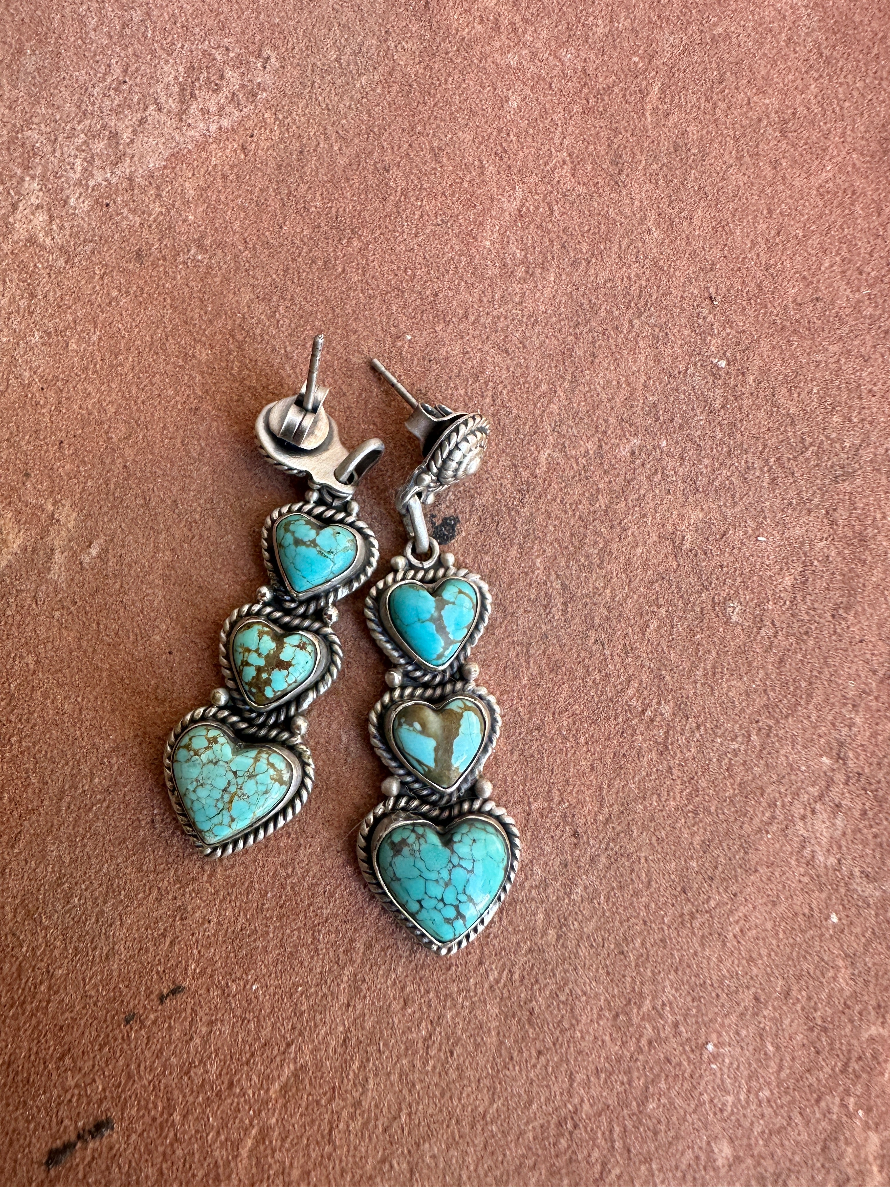 Handmade Number 8 Turquoise & Sterling Silver Post Heart Dangle Earrings