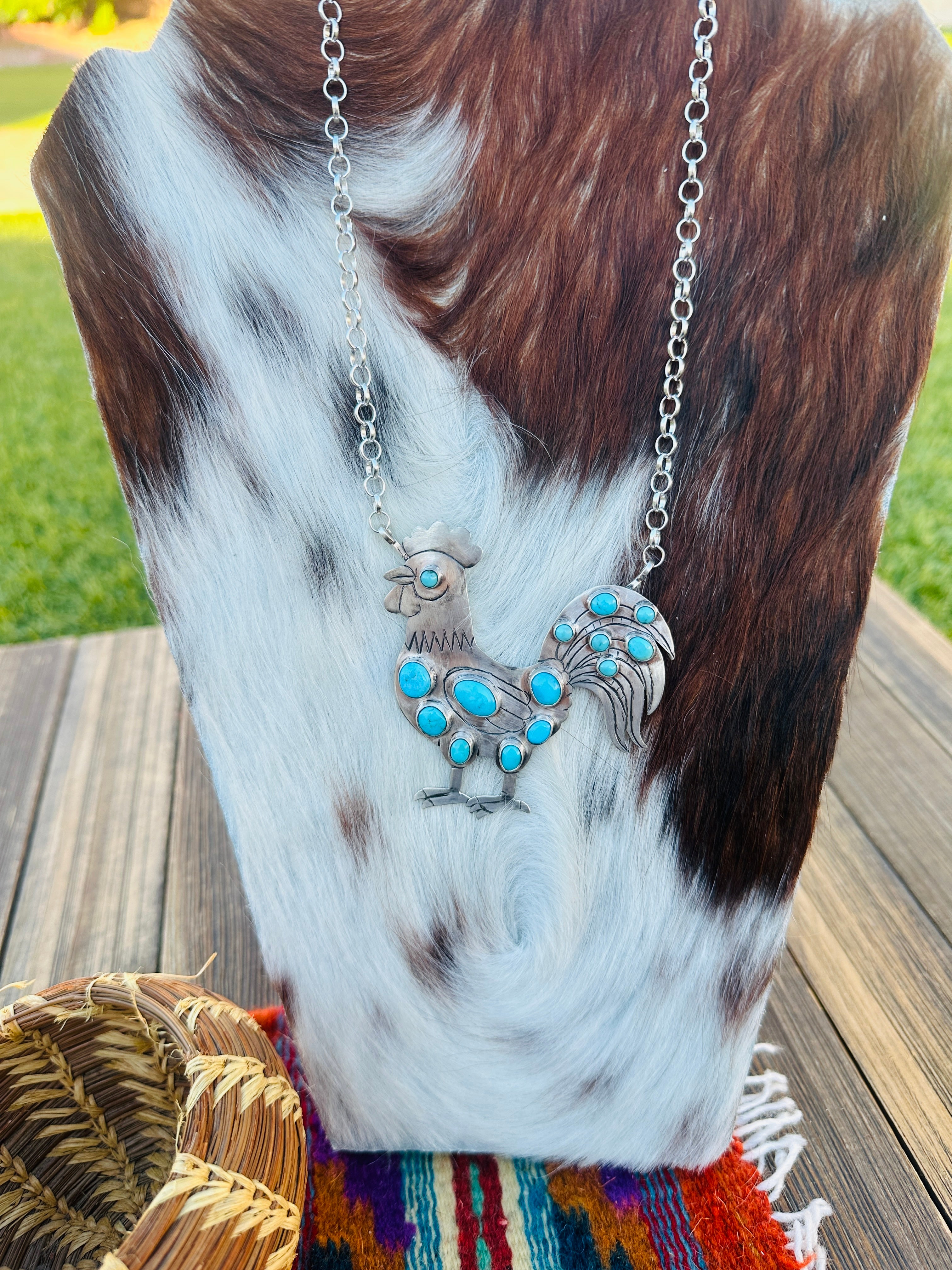 Handcrafted Turquoise & Sterling Silver Rooster Necklace
