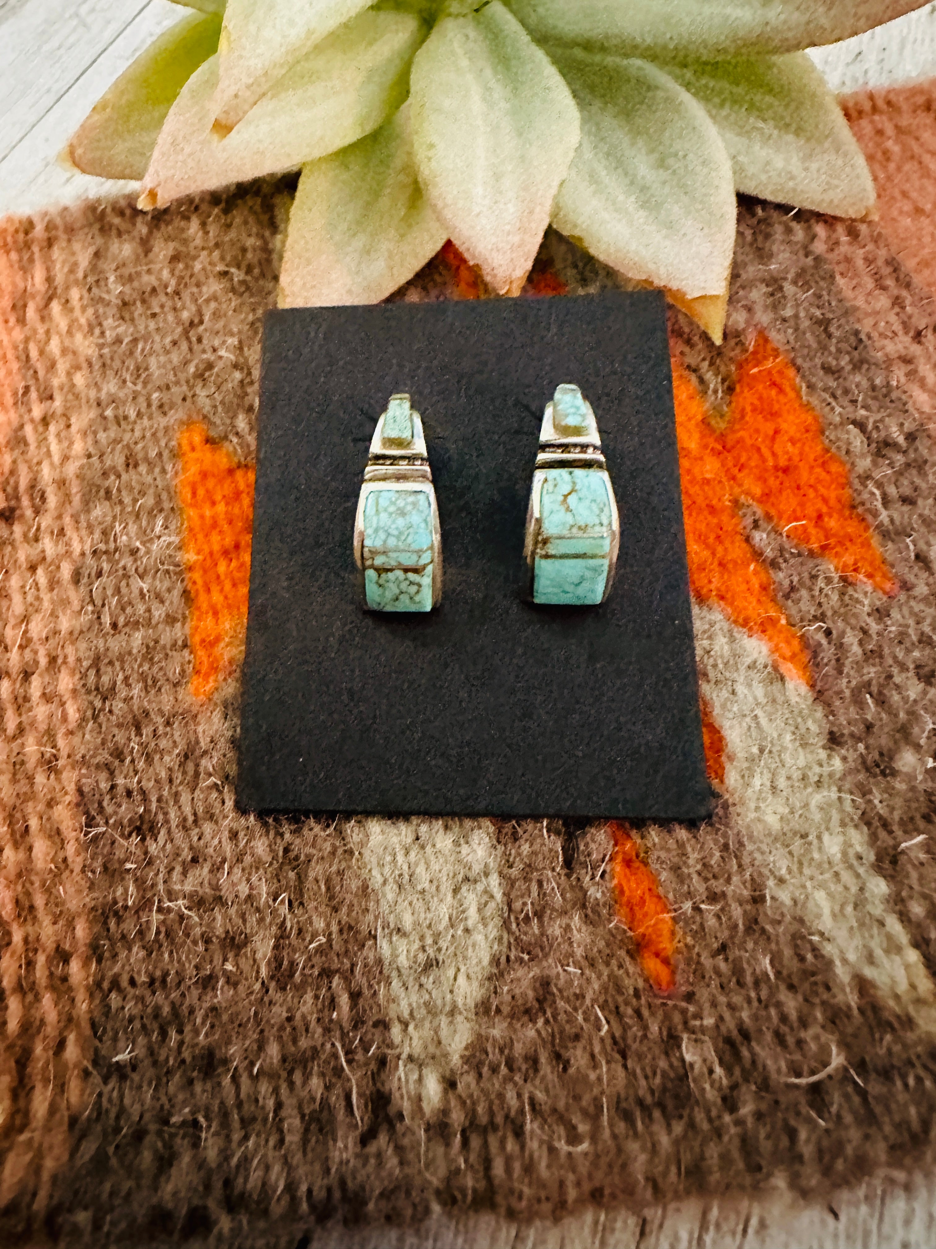 Navajo Turquoise 8 & Sterling Silver Inlay Half Hoop Earrings