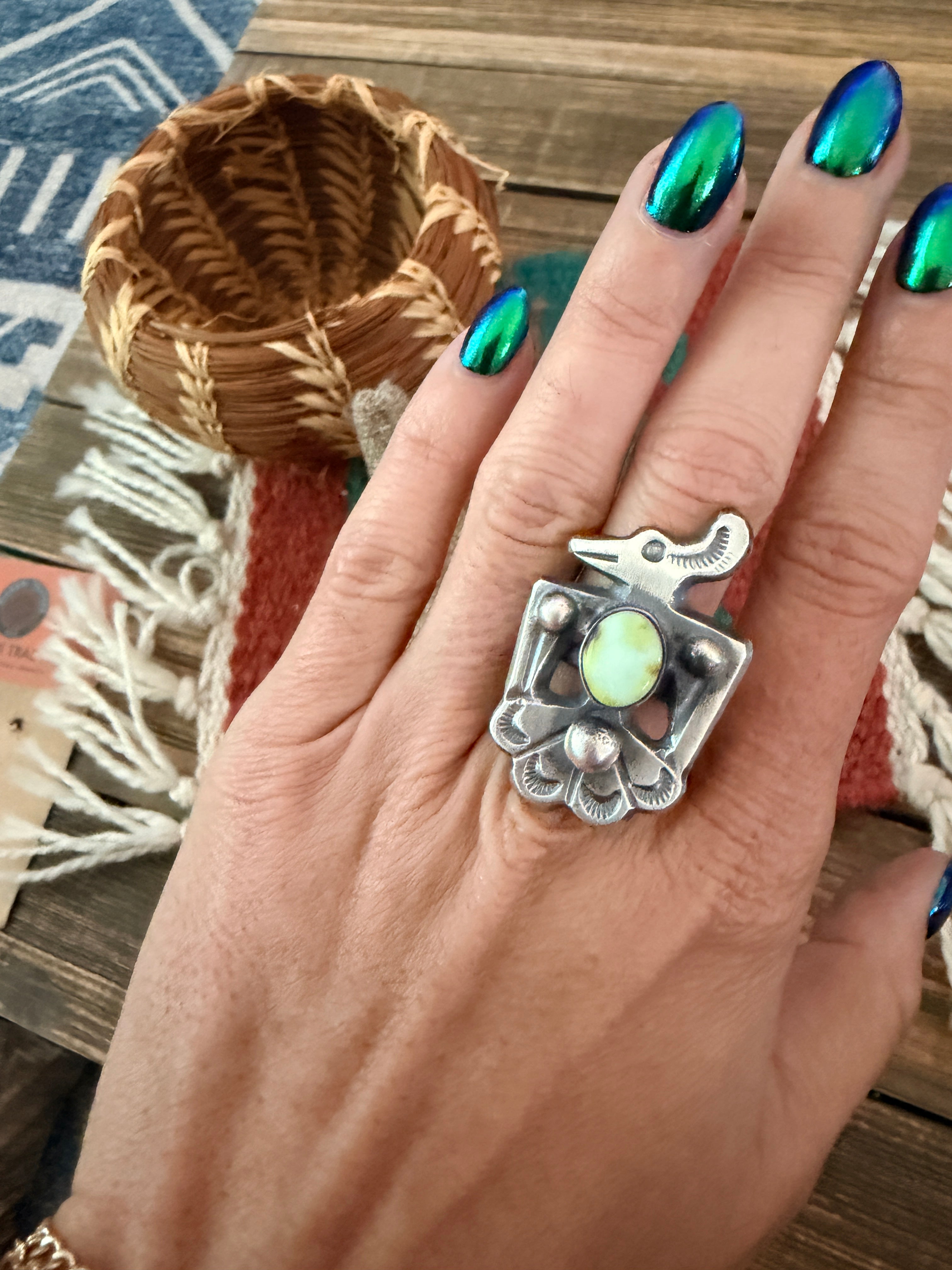 Handcrafted Palomino Turquoise and Sterling Silver Thunderbird Ring size 7.75 by Chimney Butte