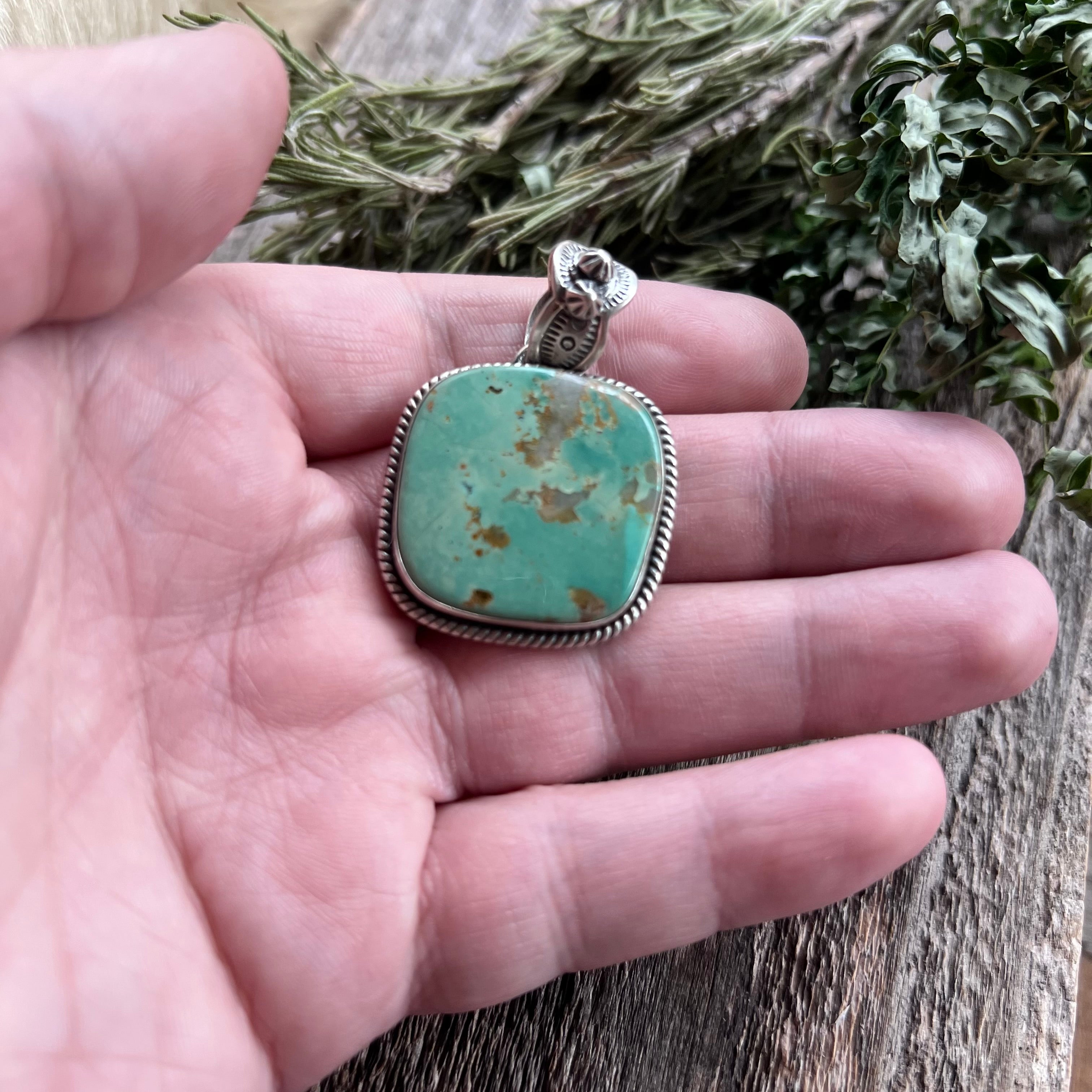 Handmade Green Turquoise Square Sterling Silver Pendant