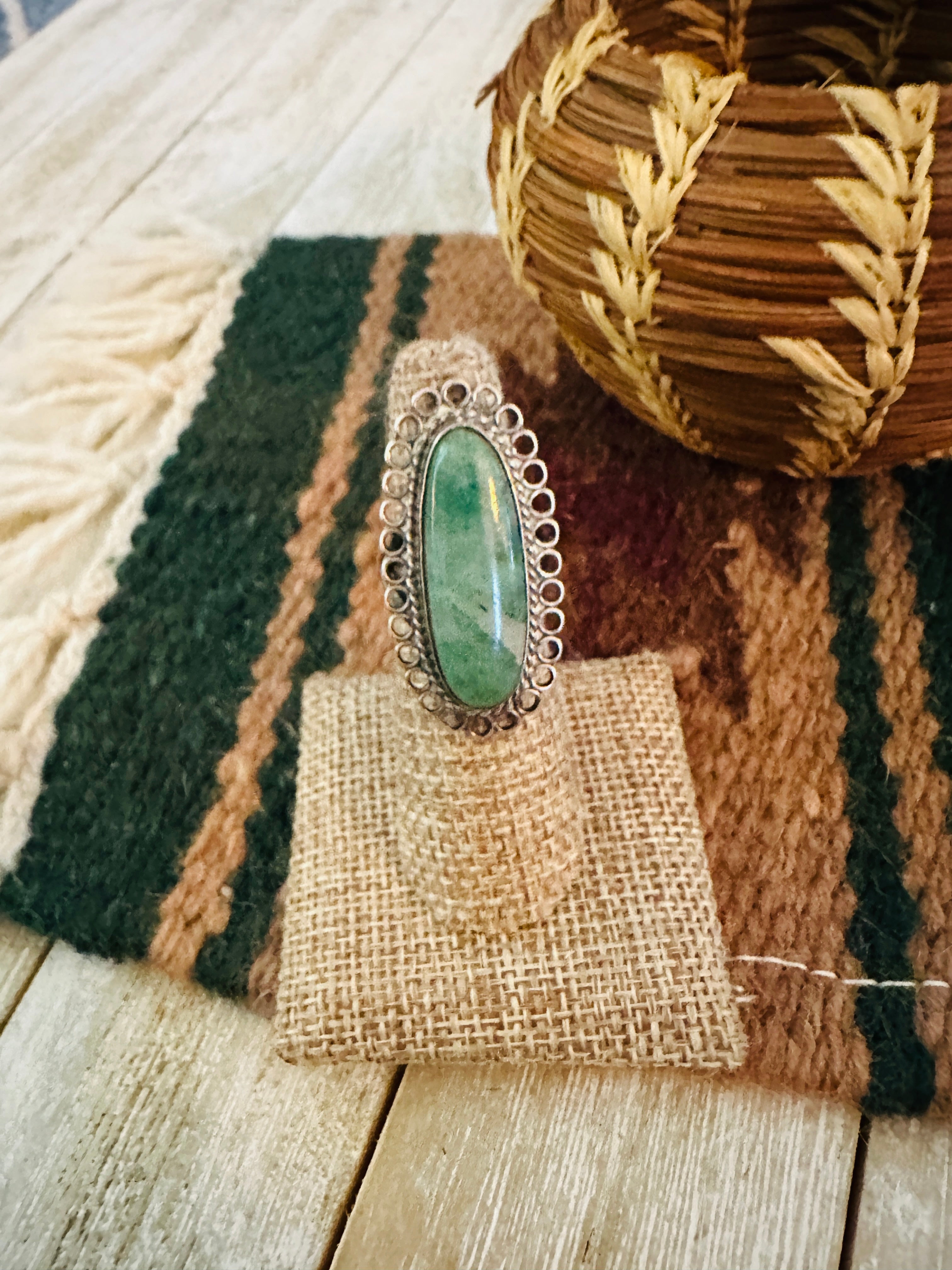 Old Pawn Handcrafted Green Aventurine & Sterling Silver Ring Size 6.5