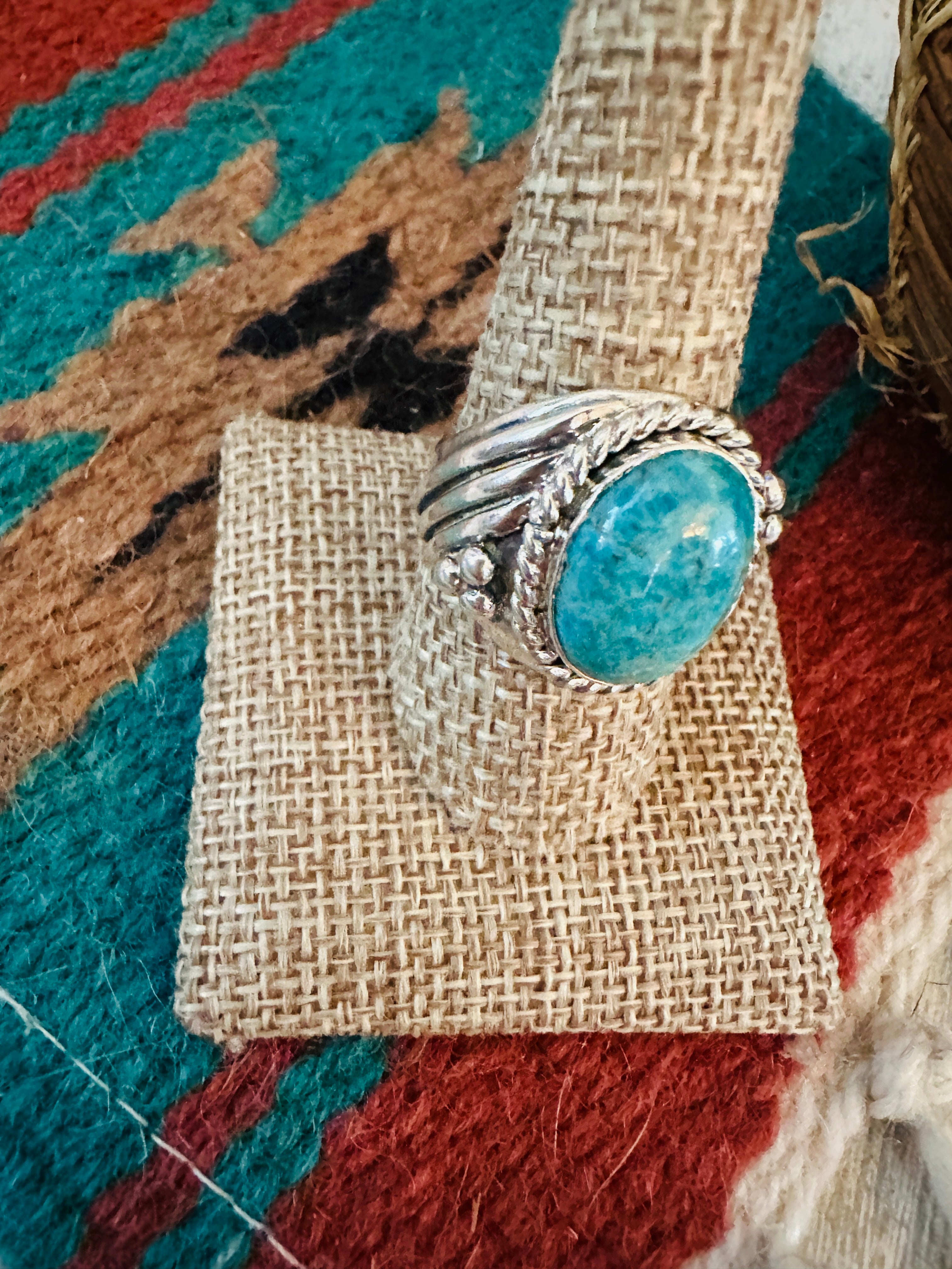 Handcrafted Turquoise & Sterling Silver Cigar Band Ring Size 9.75