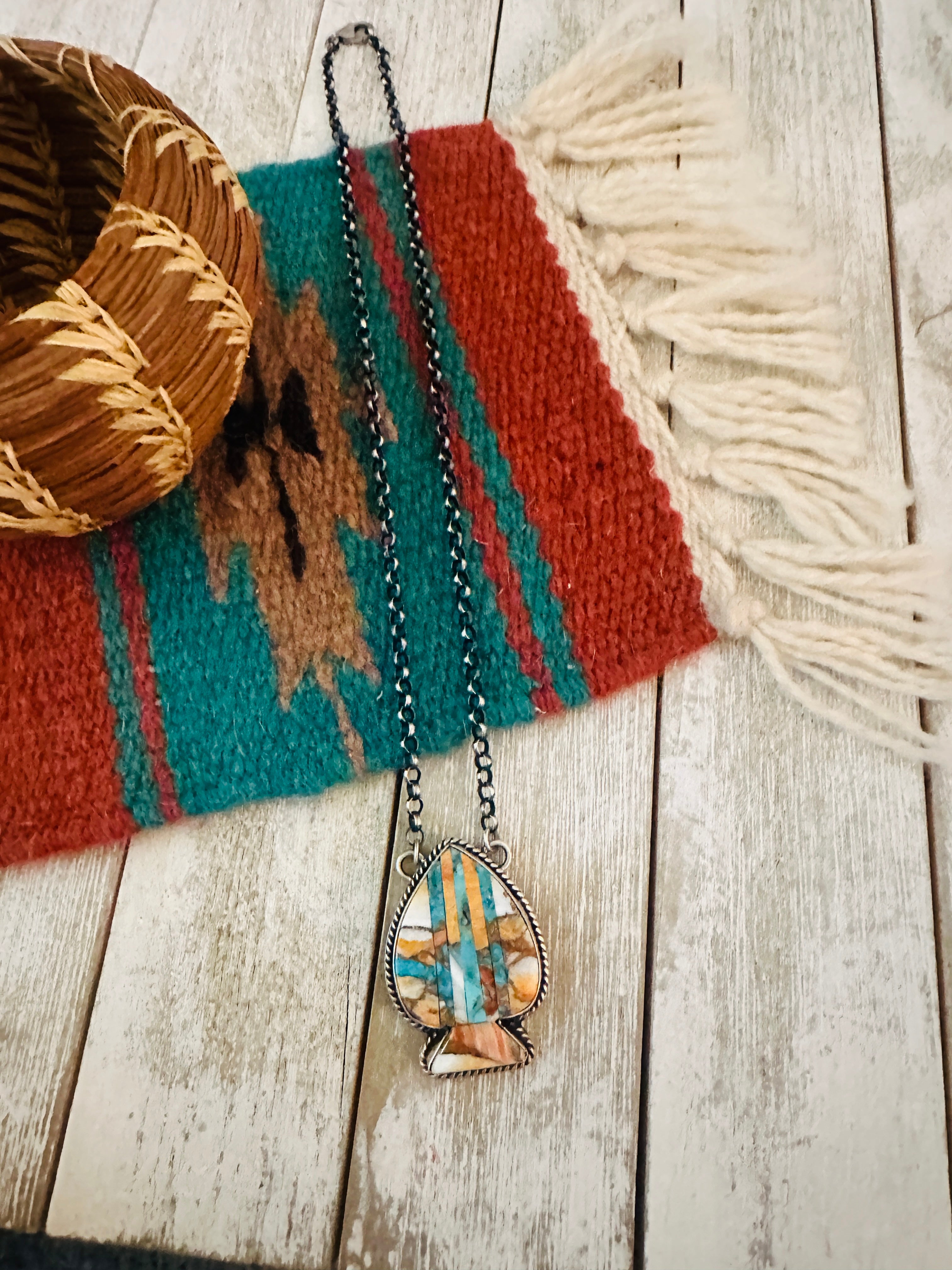 Navajo Sterling Silver & Multi Stone Inlay Spade Necklace
