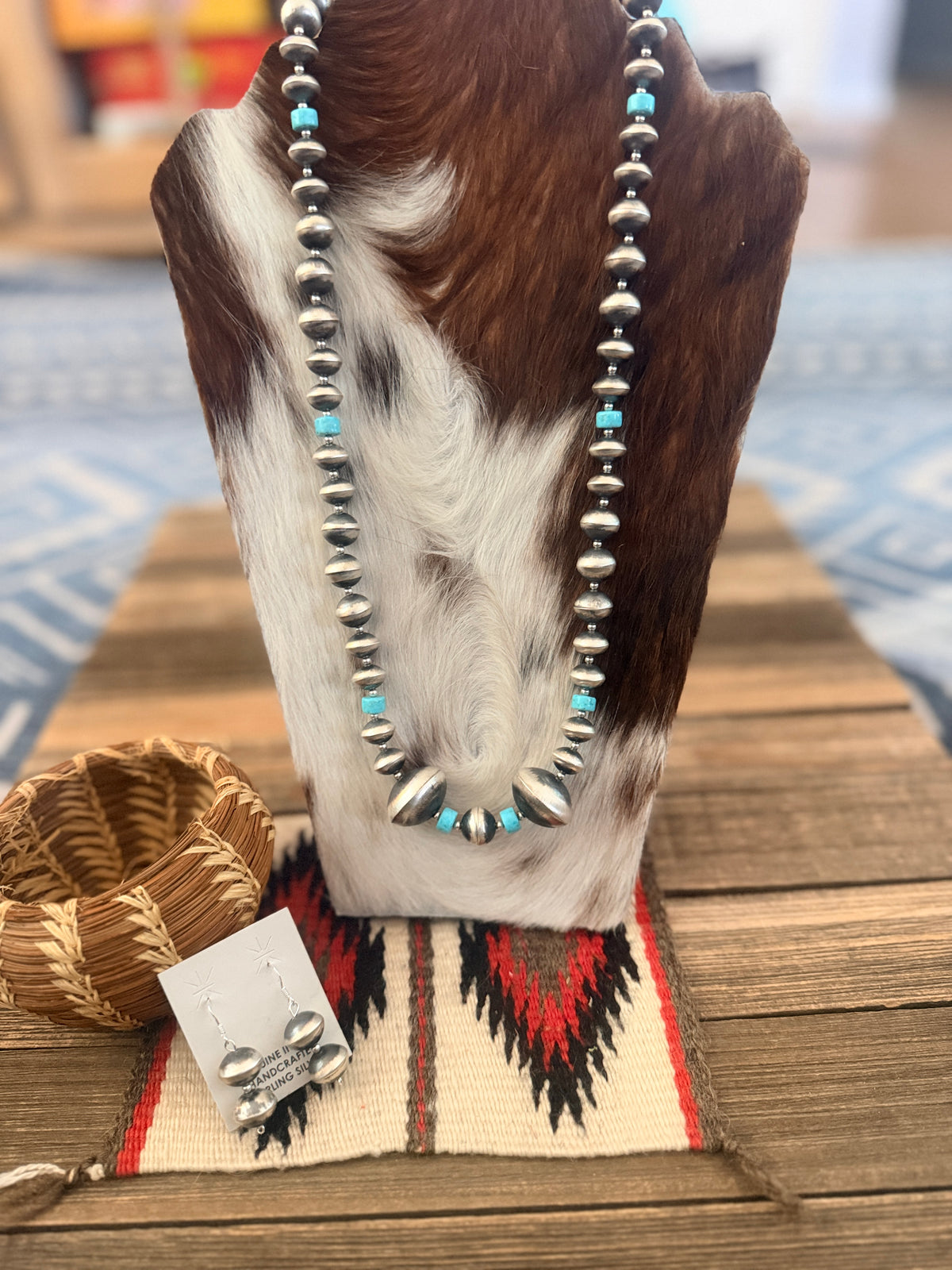 Handcrafted Turquoise & Sterling Silver Beaded Necklace and Earring Set