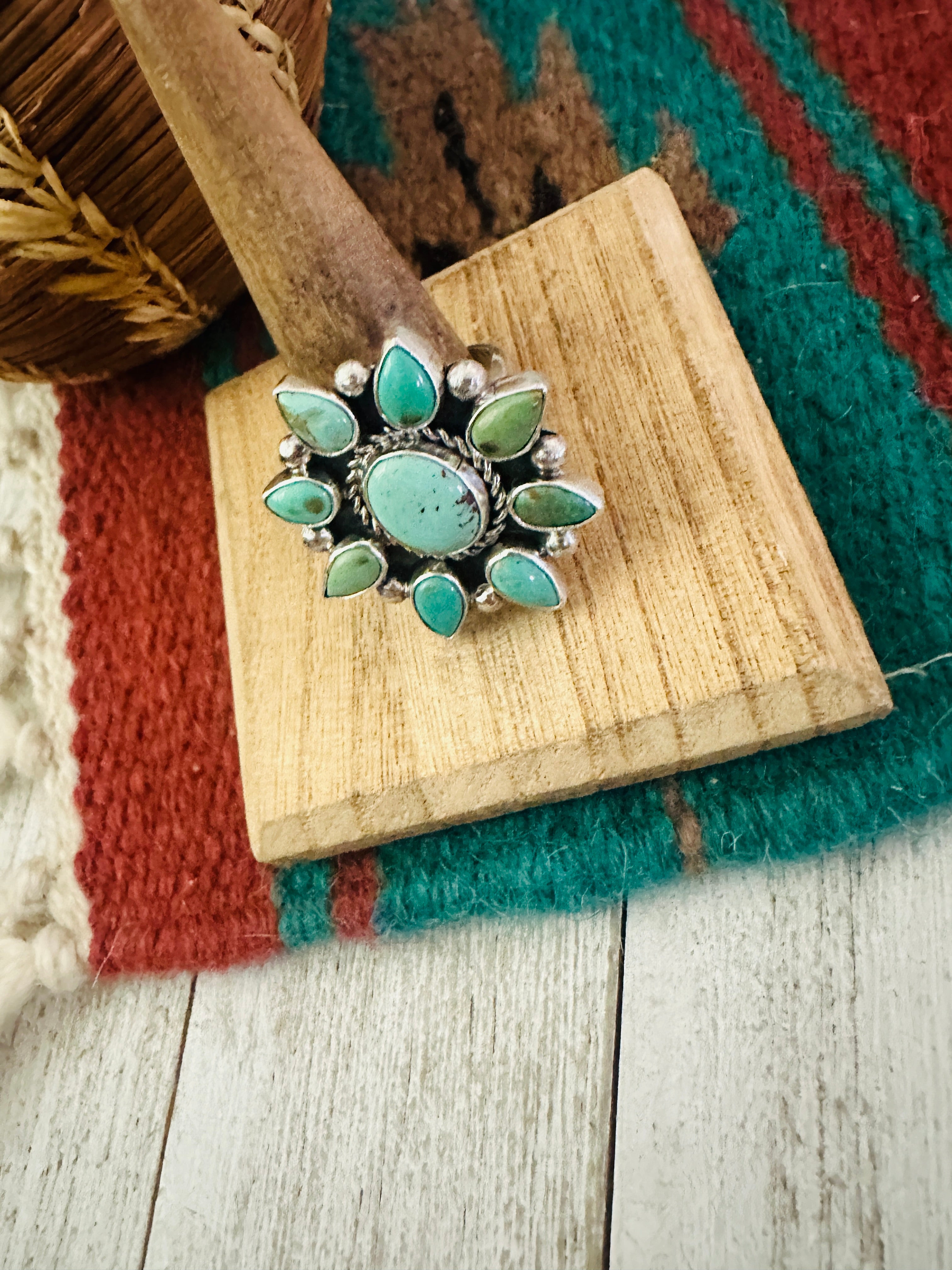 Navajo Sterling Silver & Turquoise Cluster Adjustable Ring