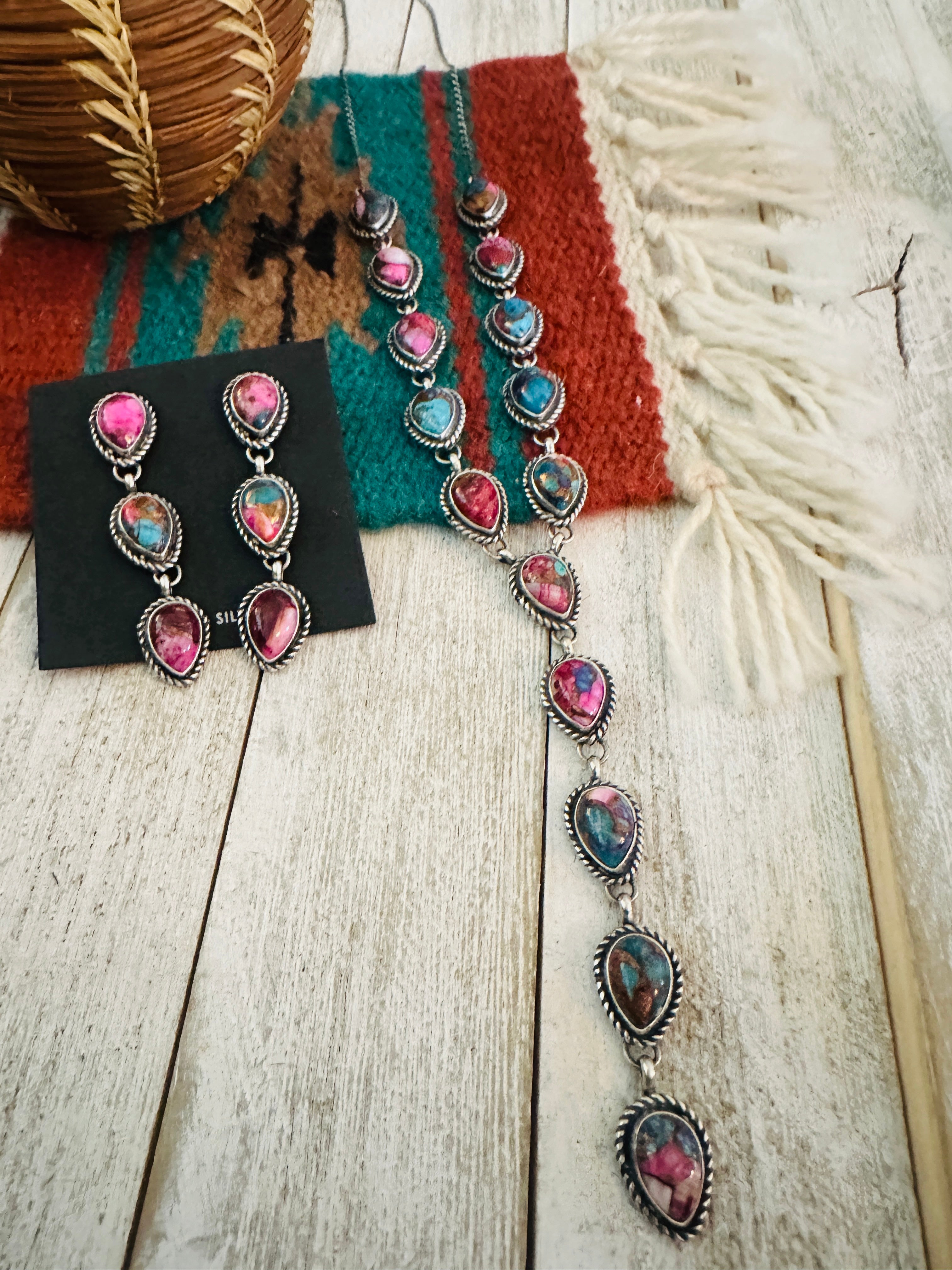 Navajo Sterling Silver & Pink Dream Mojave Lariat Necklace Set