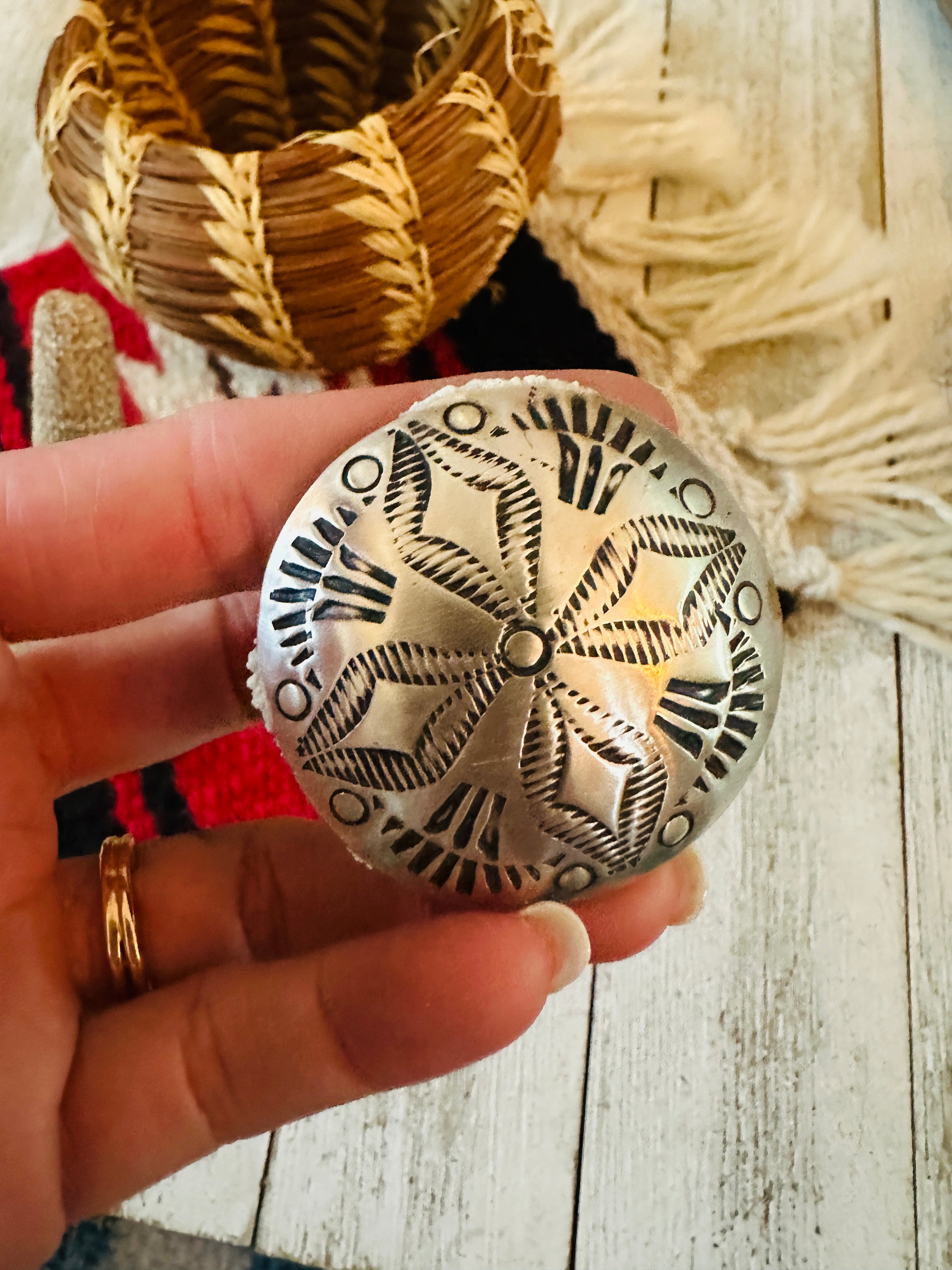 Handcrafted Sterling Silver Adjustable Concho Ring by Leander Tahe