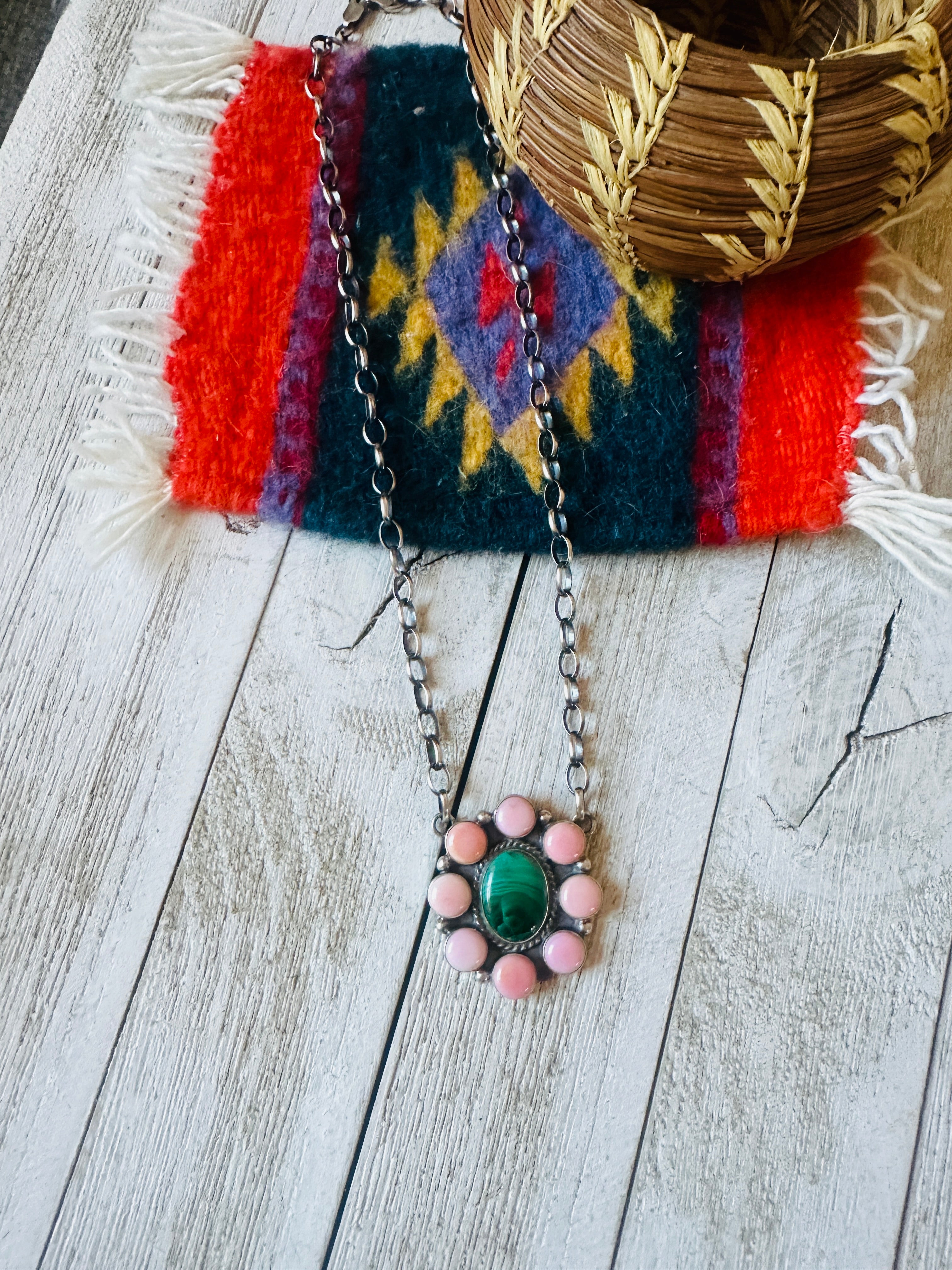 Navajo Sterling Silver, Queen Pink Conch Shell & Malachite Necklace