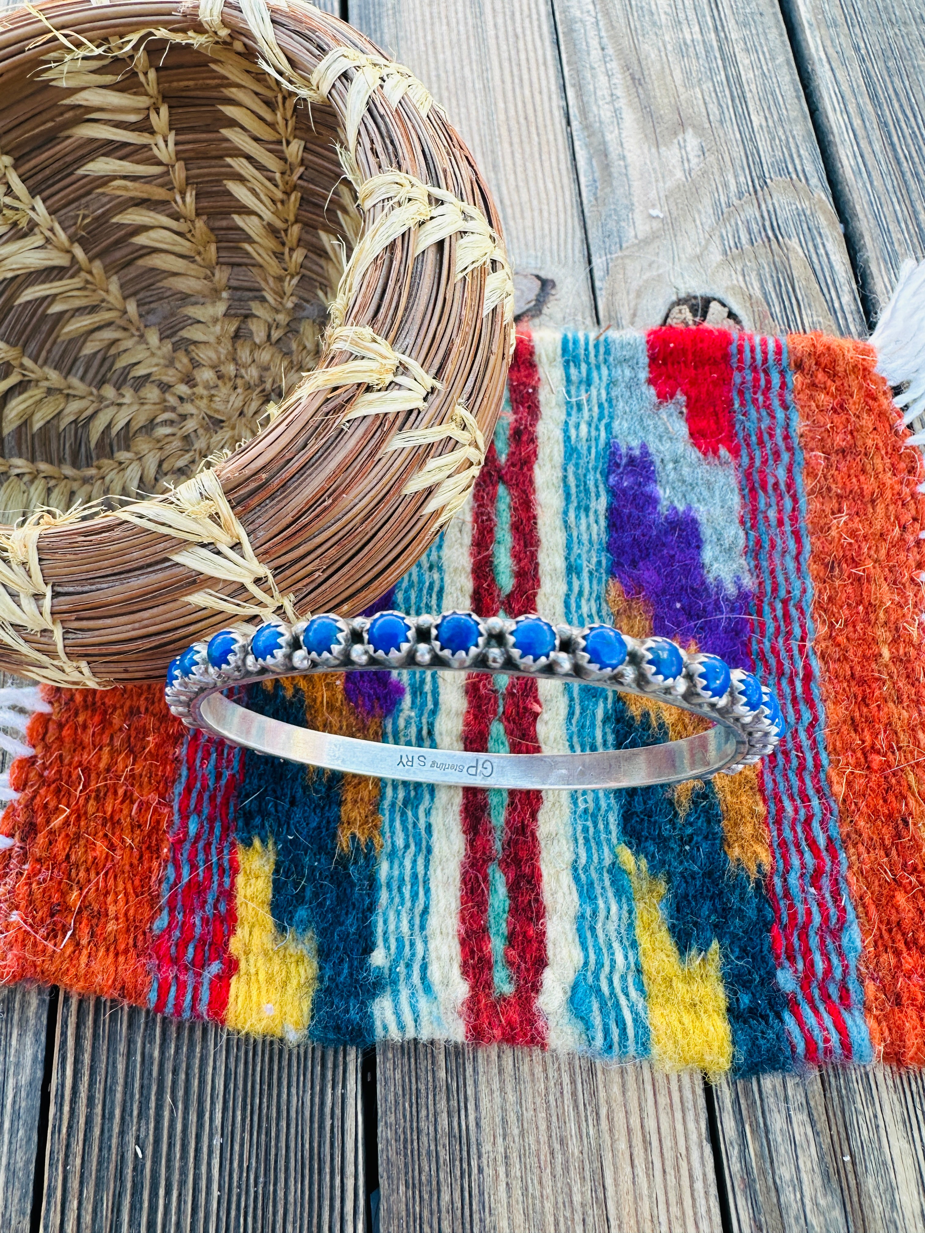 Handcrafted Old Pawn Lapis & Sterling Silver Bangle Bracelet