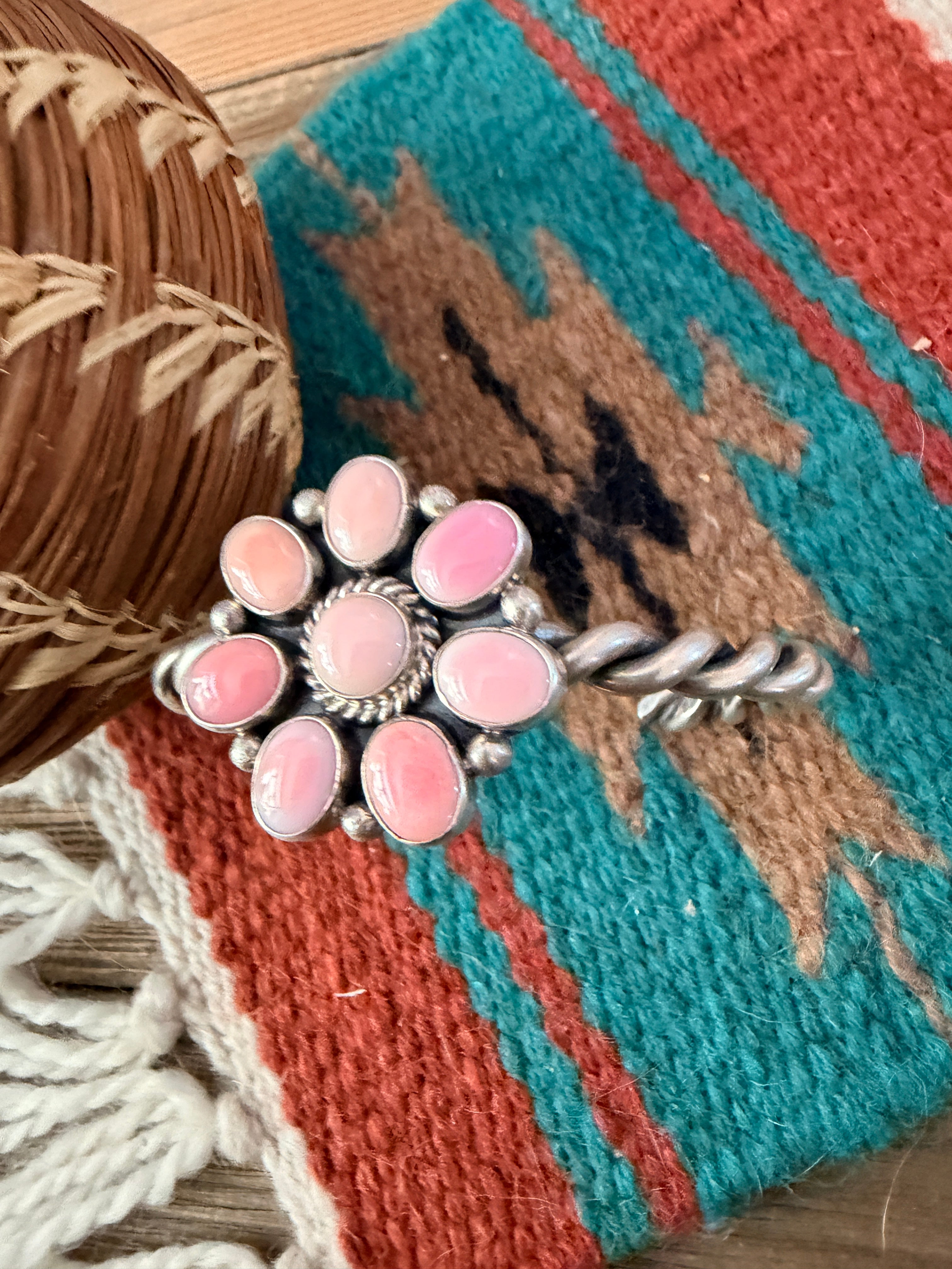 Handcrafted Old Pawn Sterling Silver & Queen Pink Conch Cluster Cuff Bracelet