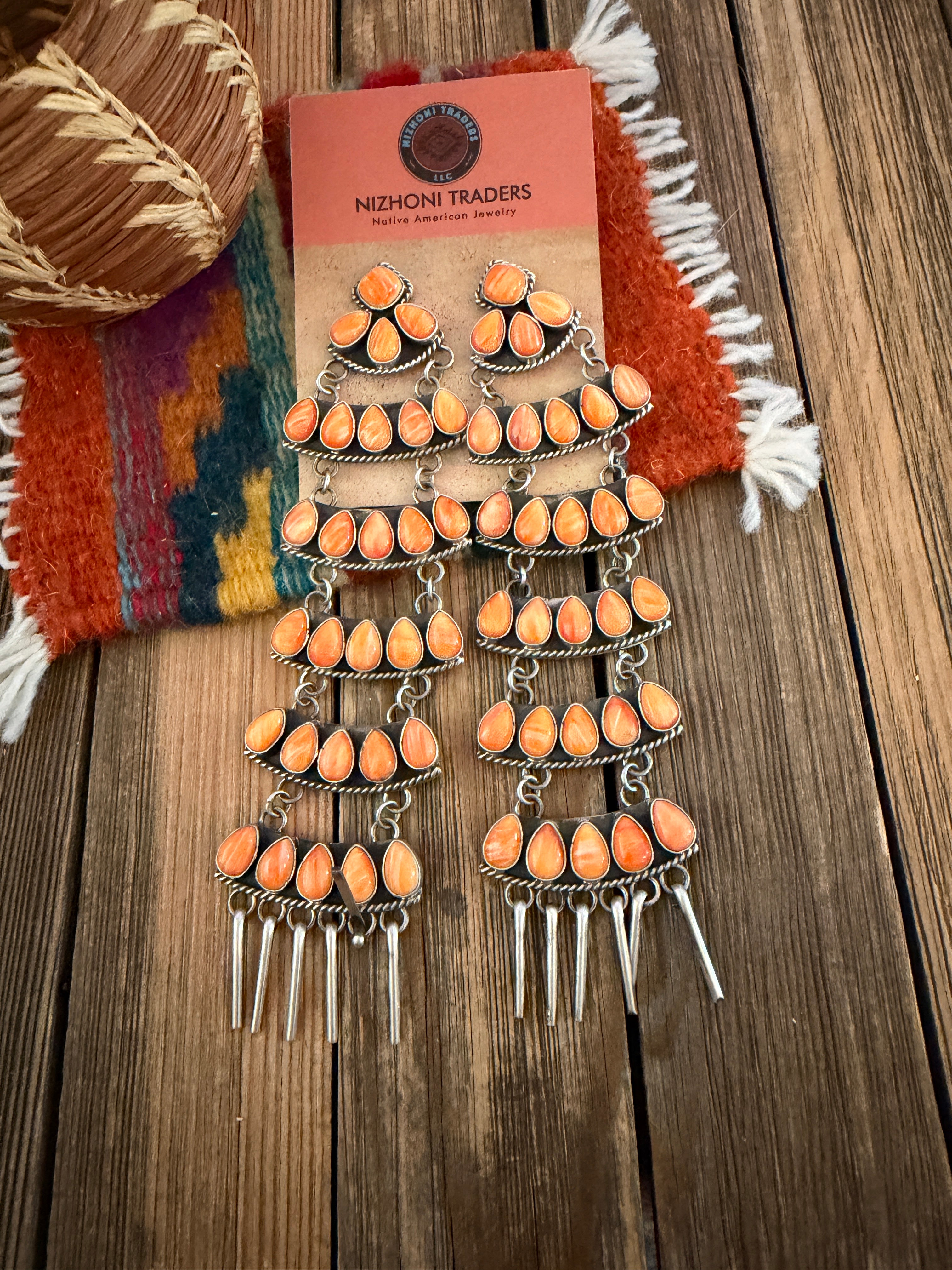 Handcrafted Orange Spiny Oyster & Sterling Silver Chandelier Dangle Earrings by Charles Johnson